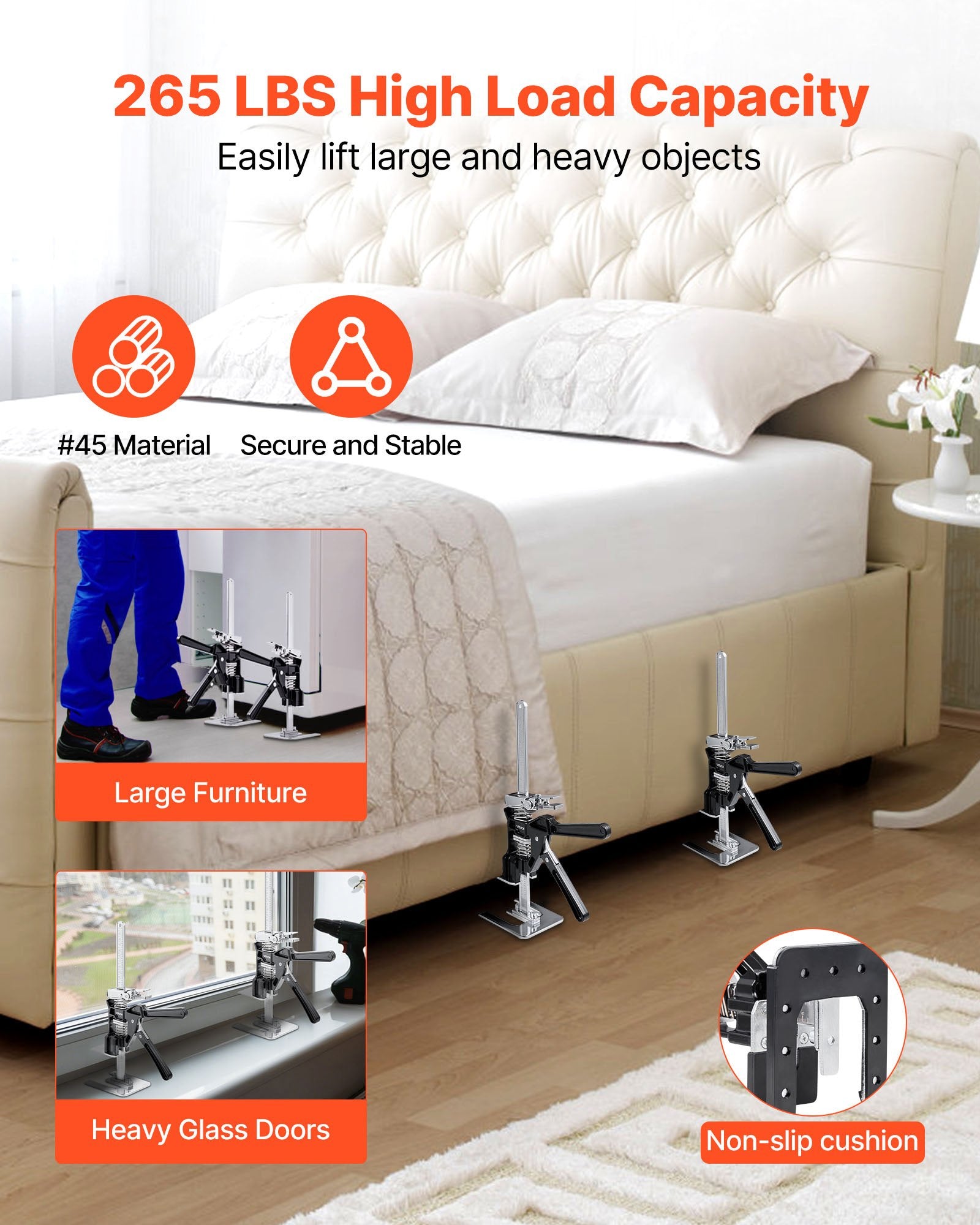 VEVOR Labor Saving Arm Jack, 2 PCS 200 kg Bearing Capacity, Lifting up to 165 mm, Metal Hand Lifting Jack Tool with Magnetic Level, 2 Adjustment Modes, for Door, Window, Furniture, Woodworking, Black