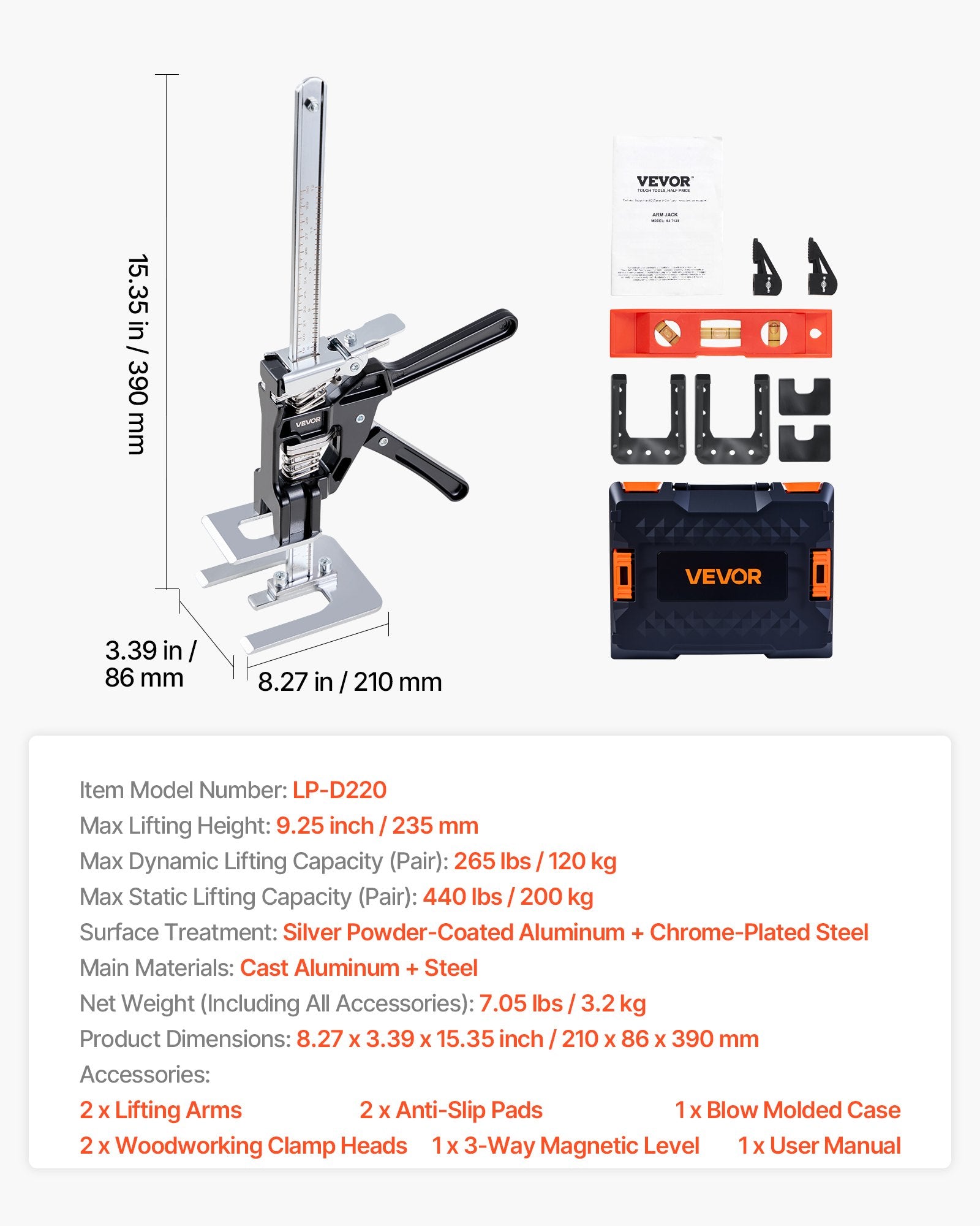 VEVOR Labor Saving Arm Jack, 2 PCS 200 kg Bearing Capacity, Lifting up to 235 mm, Metal Hand Lifting Jack Tool with Magnetic Level, 2 Adjustment Modes, for Door, Window, Furniture, Woodworking, Black