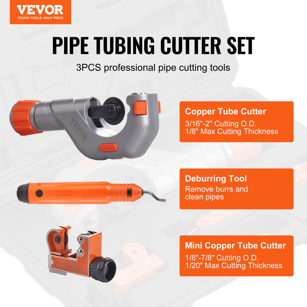 VEVOR 3PCS Tubing Cutter Set, 3/16"-2" O.D. Copper Pipe Cutter, 1/8"-7/8" O.D. Mini Tube Cutter and Deburring Tool, Heavy Duty Pipe Cutter Set for Copper, Aluminum, Stainless Steel, Plastic Pipes