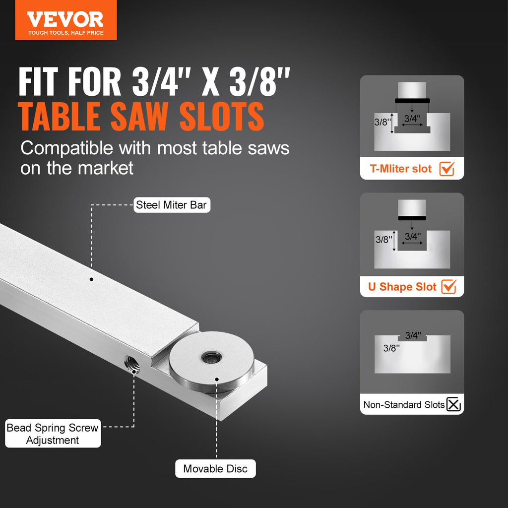 VEVOR Precision Miter Gauge, Standard Slot 3/4'' x 3/8'', Aluminum Alloy Table Saw Miter Gauge with 19-35 in Grating 15 Angle Stops Adjustable Spring Loaded Plunger and Removable Disc, for Woodworking