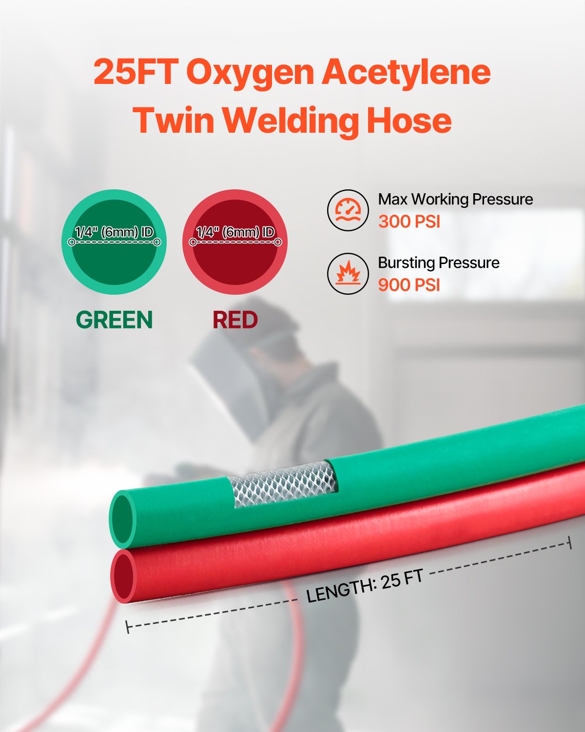 VEVOR Oxygen Acetylene Hose, 1/4-Inch x 25FT Oxy Acetylene Hose with 9/16"-18 B Fitting, 300PSI T Grade Welding Cutting Torch Twin Hose, Compatible with Oxygen, Acetylene, Propane and Other Fuel Gases