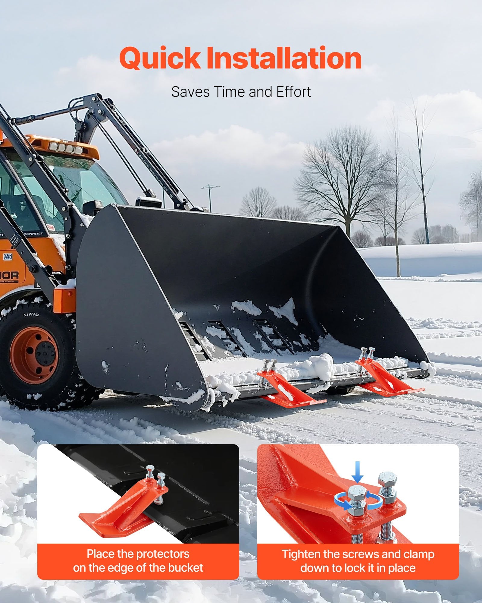 VEVOR Tractor Bucket Protector, 2PCS Heavy Duty Steel Bucket Edge Protectors, Edge Tamer Anti-Skid Device with Double Hexagon Lock Nuts and Bolts, for Snow, Leave Removal & Spreading Gravel (Orange)