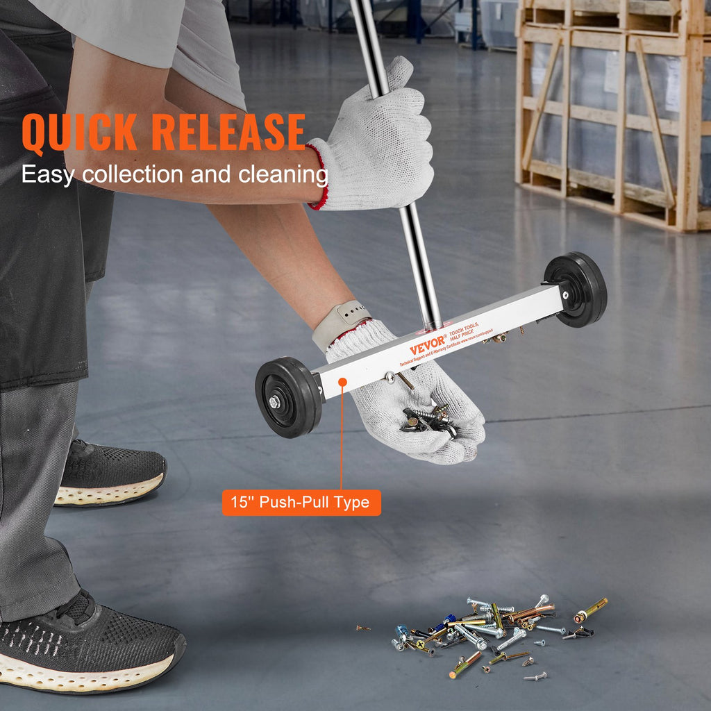VEVOR Magnetic Sweeper with Wheels, 15inch Mini Magnetic Sweeper, 8 lbs Capacity, Adjustable Handle, Lightweight Magnetic Pickup Sweeper to Pick Up Nails and Screws, Easy Cleanup of Workshop Garage