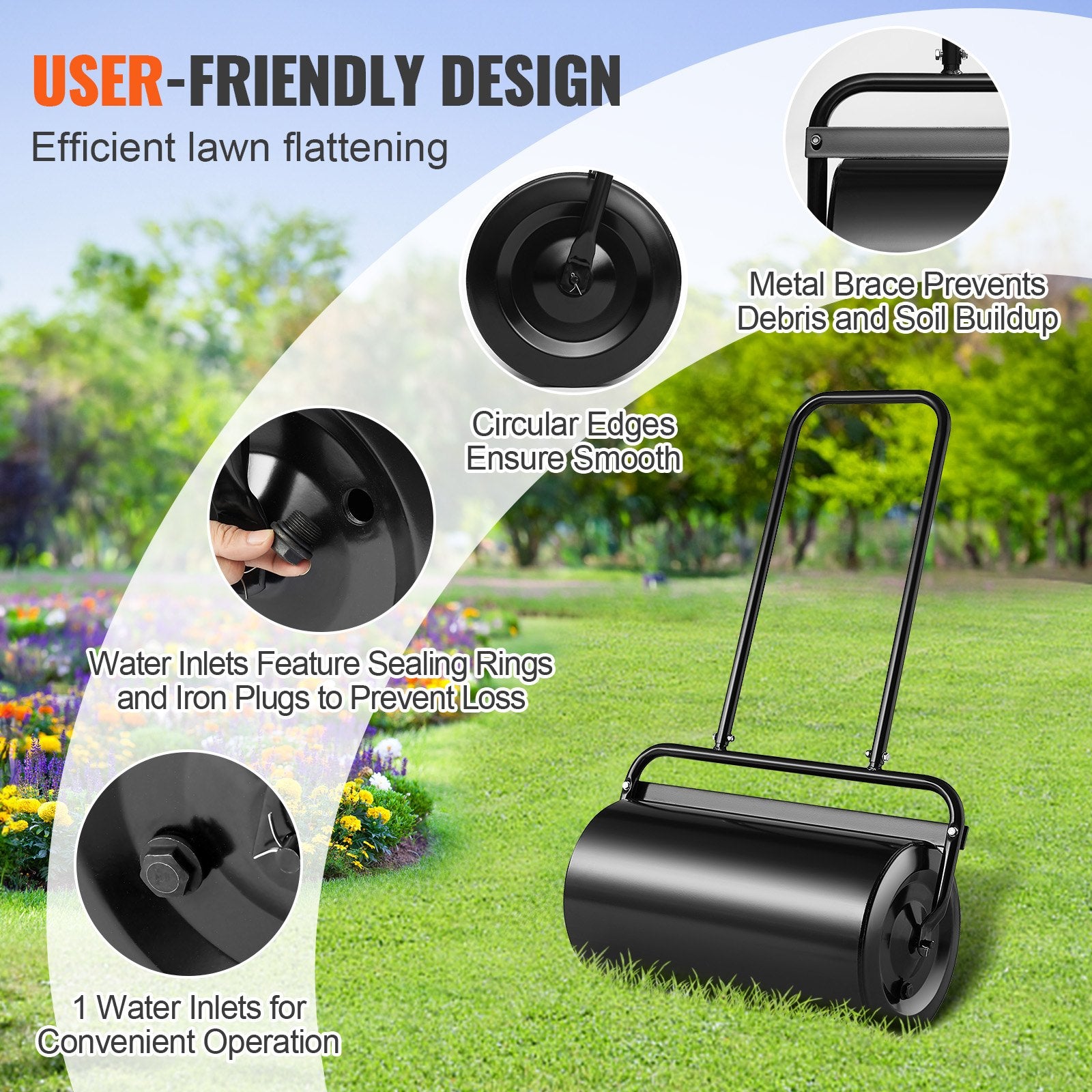 VEVOR Lawn Roller, 13 Gallon 24Inch Sand/Water Filled Yard Roller, Steel Sod Roller with Easy-turn Plug and U-Shaped Ergonomic Handle for Convenient Push and Pull, for Lawn, Garden, Farm, Park, Black