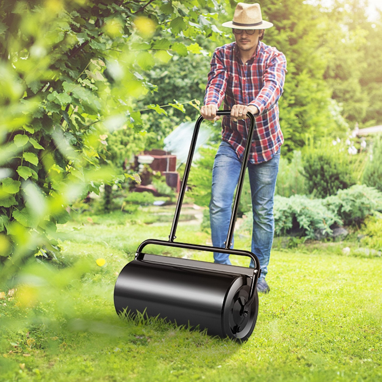 VEVOR Lawn Roller, 13 Gallon 24Inch Sand/Water Filled Yard Roller, Steel Sod Roller with Easy-turn Plug and U-Shaped Ergonomic Handle for Convenient Push and Pull, for Lawn, Garden, Farm, Park, Black