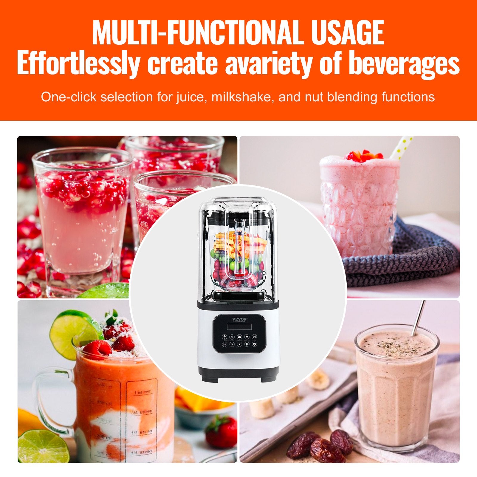 VEVOR Professional Blender with Shield, Commercial Countertop Blenders, 2L Jar Blender Combo, Stainless Steel 9 Speed & 5 Functions Blender, for Shakes, Smoothies, Peree, and Crush Ice, White