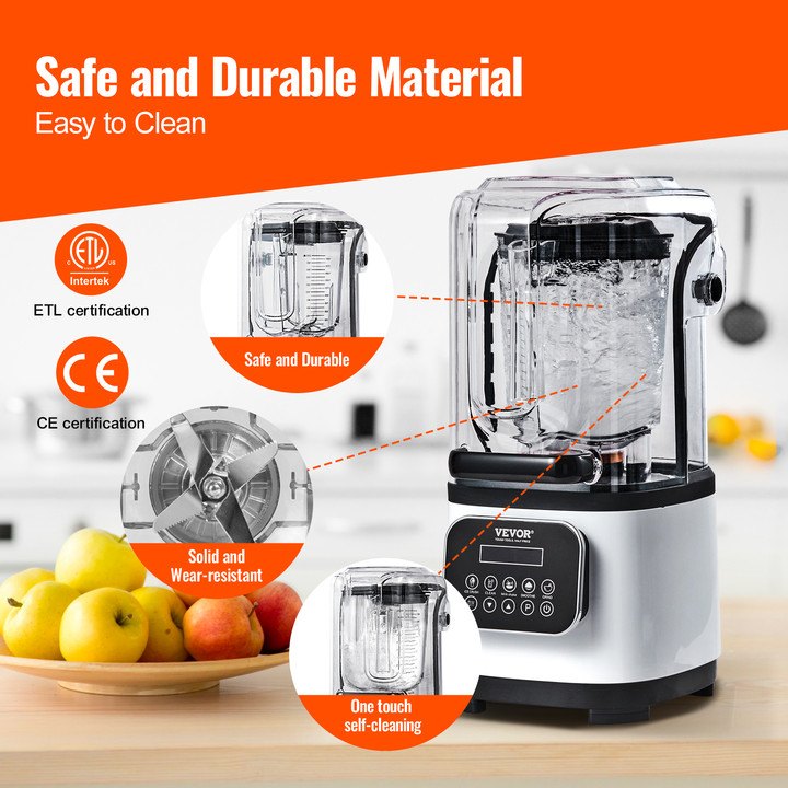 VEVOR Professional Blender with Shield, Commercial Countertop Blenders, 2L Jar Blender Combo, Stainless Steel 9 Speed & 5 Functions Blender, for Shakes, Smoothies, Peree, and Crush Ice, White