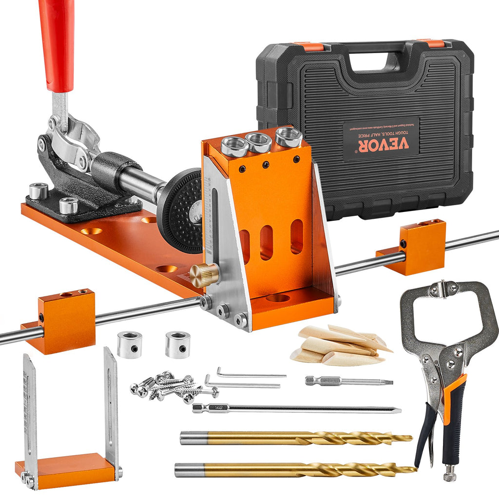 VEVOR Pocket Hole Jig Kit, 34 Pcs Pocket Hole Jig System with C-clamp,  Fixture, Step Drills, Wrenches, Drill Stop Rings, Square Drive Bits, Toolbox, for DIY Carpentry Projects, Adjustable