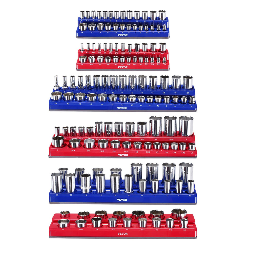 VEVOR Magnetic Socket Organizer Set, 6PCS Socket Holder, 1/4'', 3/8'' & 1/2'' Metric SAE Socket Trays with Clear Labels, Hold up to 143PCS Standard & Deep Sockets, Blue & Red (Sockets Not Included)