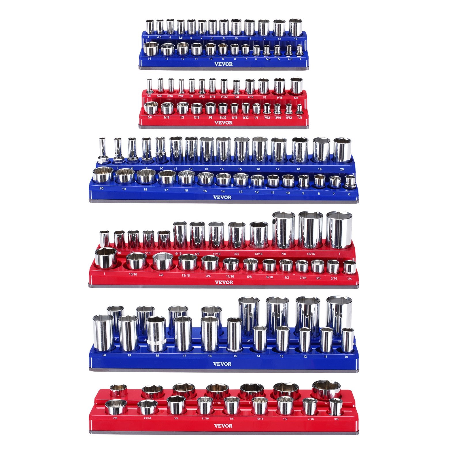 VEVOR Magnetic Socket Organizer Set, 6PCS Socket Holder, 1/4'', 3/8'' & 1/2'' Metric SAE Socket Trays with Clear Labels, Hold up to 143PCS Standard & Deep Sockets, Blue & Red (Sockets Not Included)