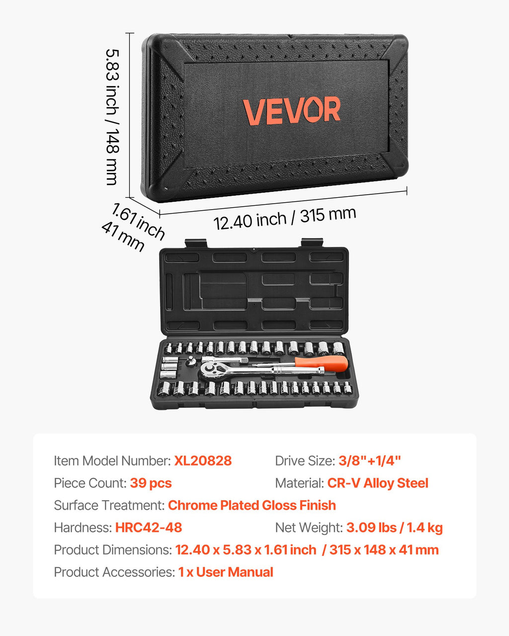 VEVOR Socket Set, 39 Pieces, 9.5 & 6.4 mm Drive Socket and Ratchet Set, SAE and Metric Size, Mechanic Tool Kit with Ratchet Wrench, Accessories, Storage Case, CR-V Alloy Steel, for Automotive Repair