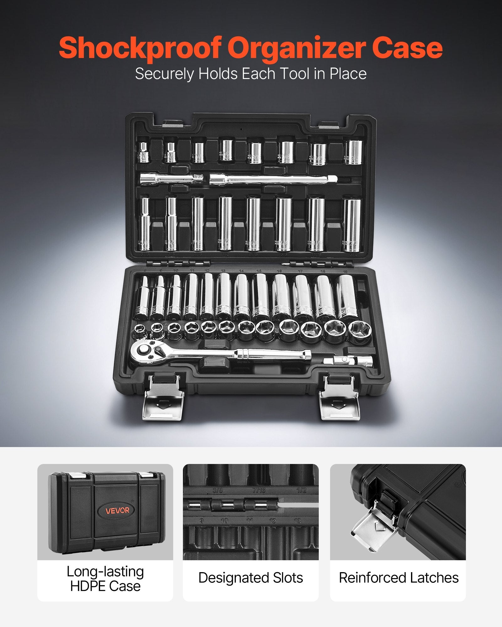 VEVOR Socket Set, 44 Pieces, 9.5 mm Drive Socket and Ratchet Set, SAE and Metric, Deep and Shallow, Mechanic Tool Kit with Accessories and Storage Case, CR-V Alloy Steel, for Automotive Repair