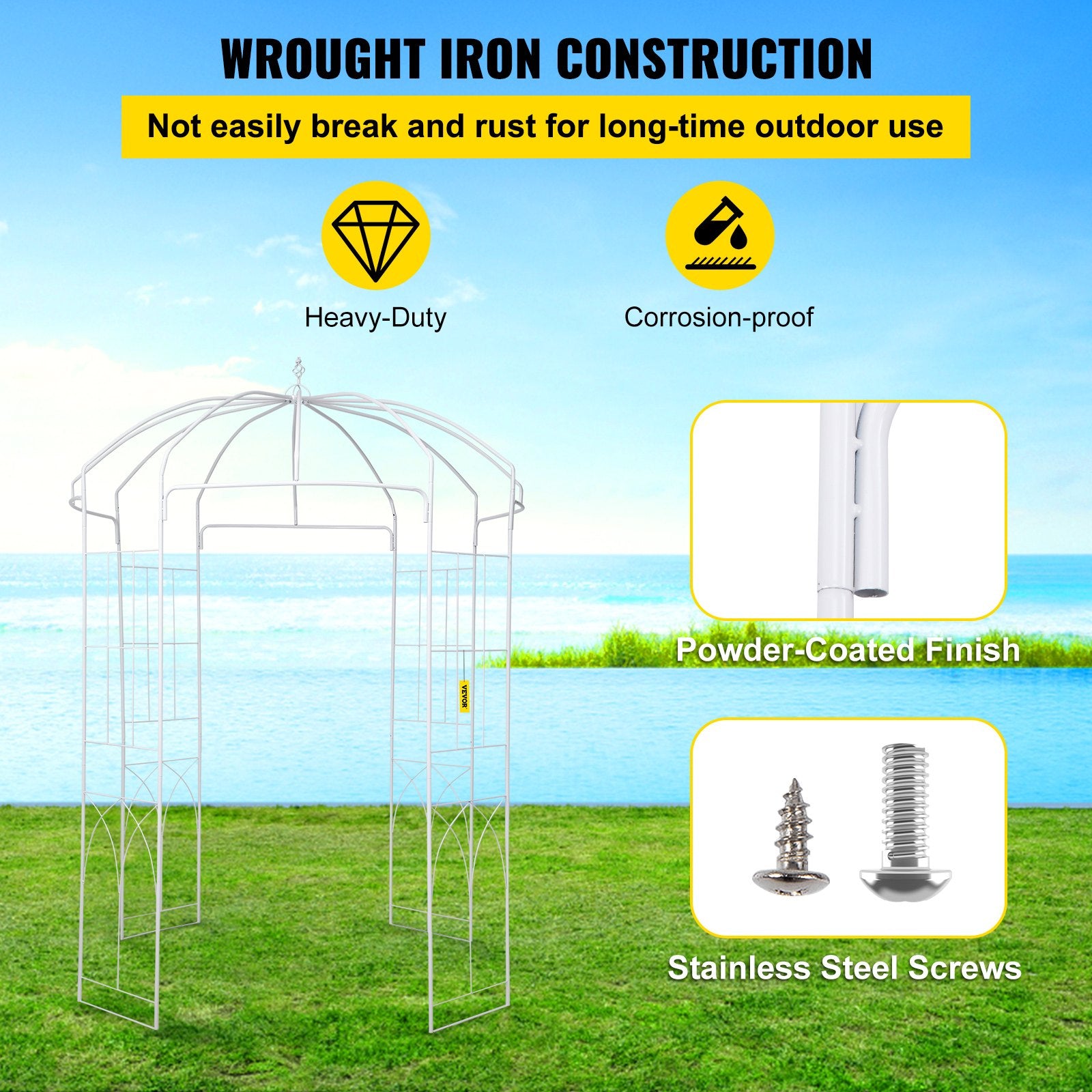 VEVOR Birdcage Shape Garden Arbor, 9\' High x 6.6\' Wide, Heavy Duty Wrought Iron Arbor, Wedding Arch Trellis for Climbing Vines in Outdoor Garden, Lawn, Backyard, Patio, White