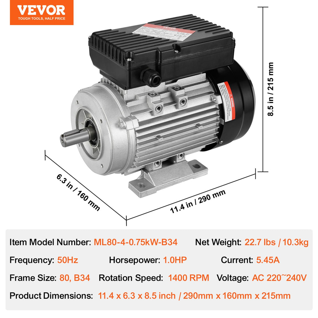 VEVOR 0.75KW Electric Motor 1400 rpm, AC 220~240V 5.45A, 80, B34 Frame, Air Compressor Motor Single Phase, 19mm Keyed Shaft, CW/CCW Rotation for Agricultural Machinery and General Equipment
