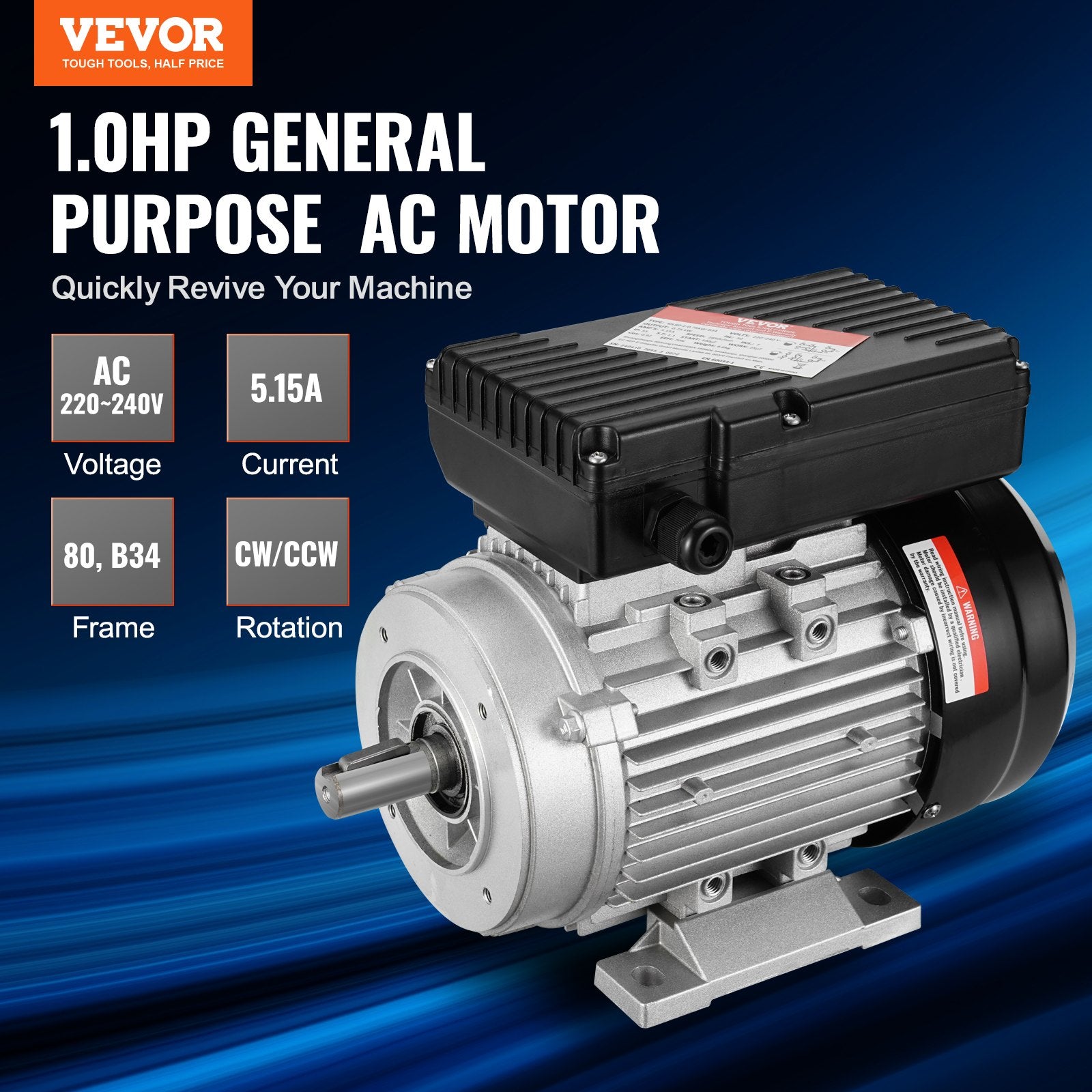 VEVOR 0.75KW Electric Motor 2850 rpm, AC 220~240V 5.15A, 80, B34 Frame, Air Compressor Motor Single Phase, 19mm Keyed Shaft, CW/CCW Rotation for Agricultural Machinery and General Equipment