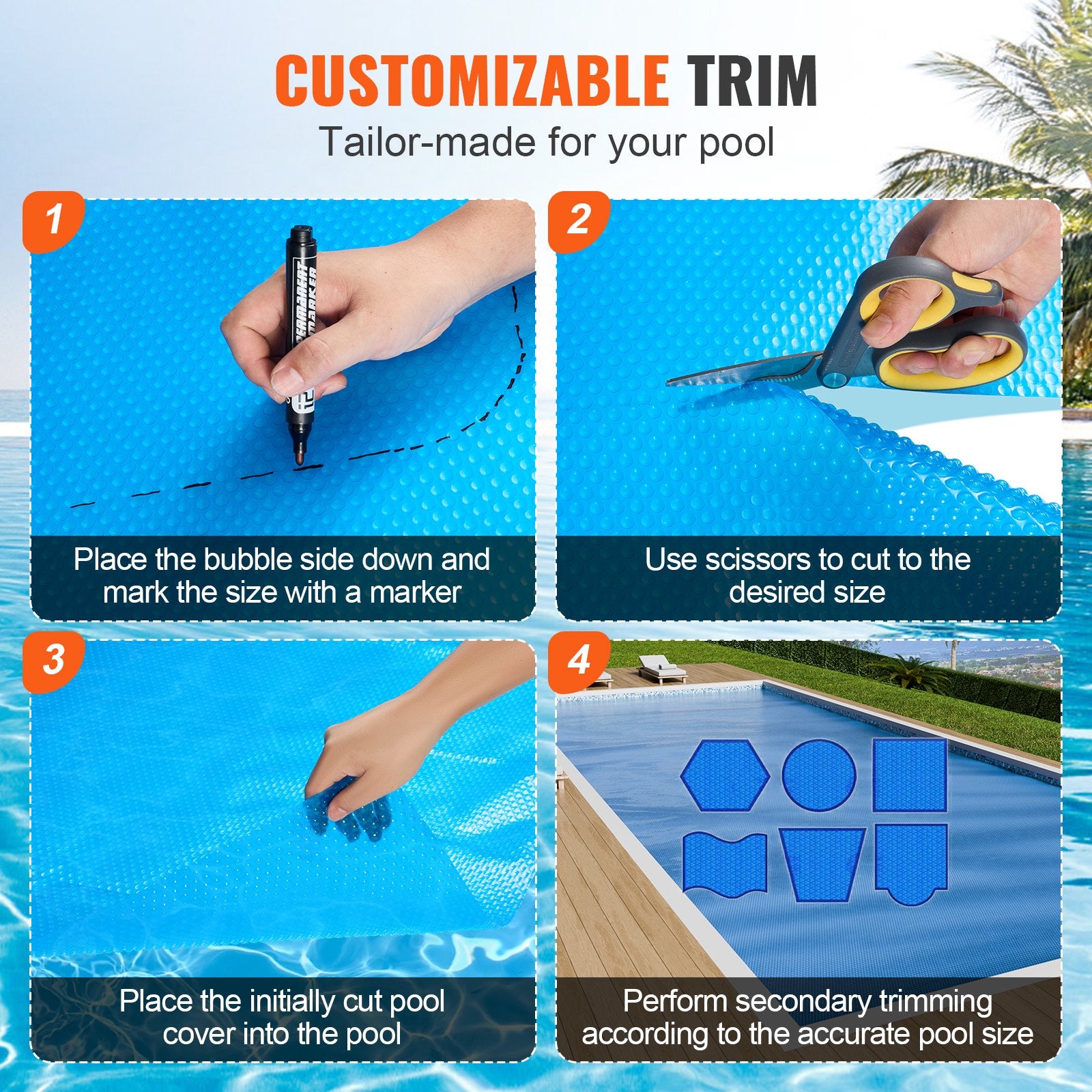 VEVOR Solar Pool Cover, 24 x 12 ft Rectangle Solar Blanket for Pools, Inground Above Ground Swimming Pool Solar Cover, 12 mil Solar Covers Blue