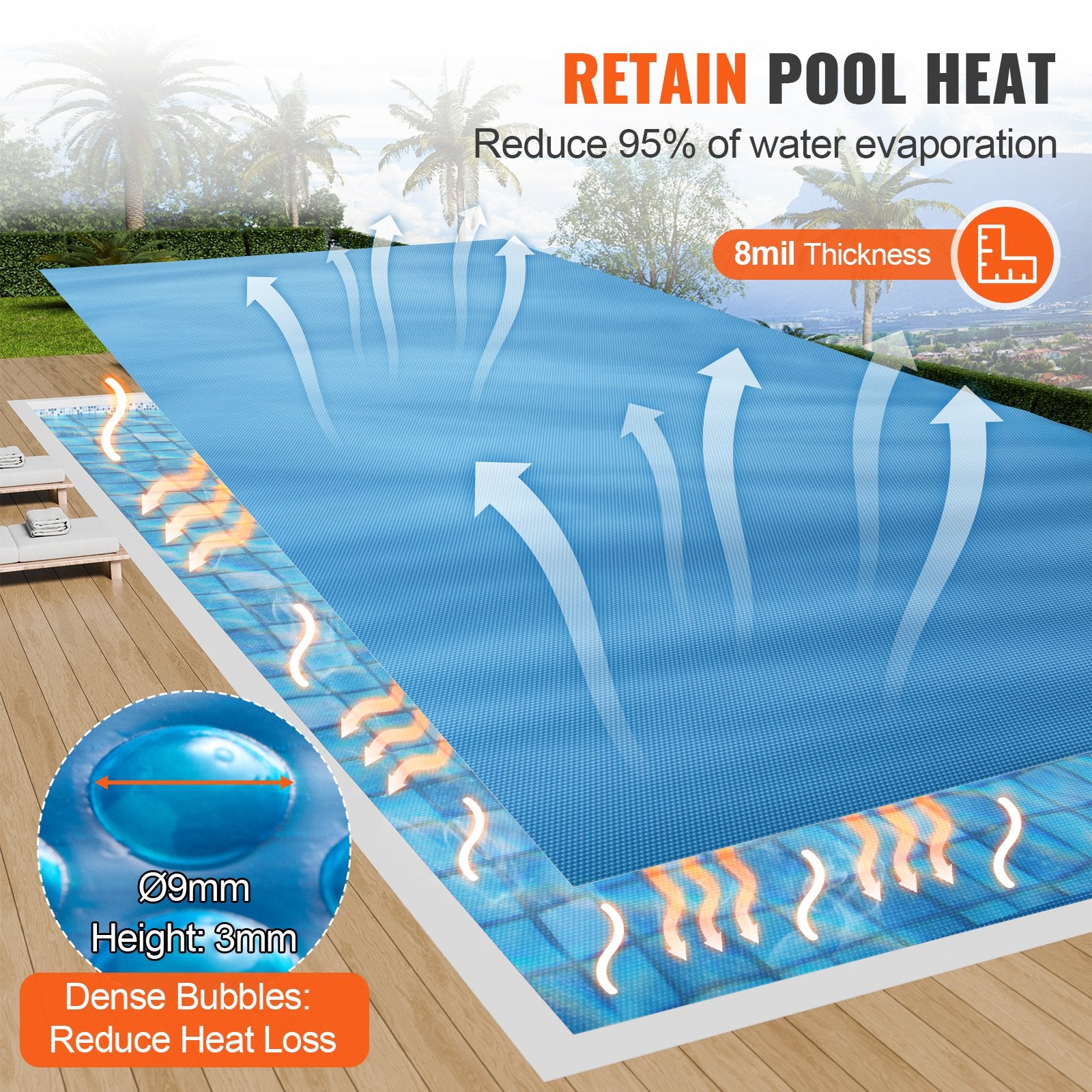 VEVOR Solar Pool Cover, 24 x 12 ft Rectangle Solar Blanket for Pools, Inground Above Ground Swimming Pool Solar Cover, 8 mil Solar Covers Blue