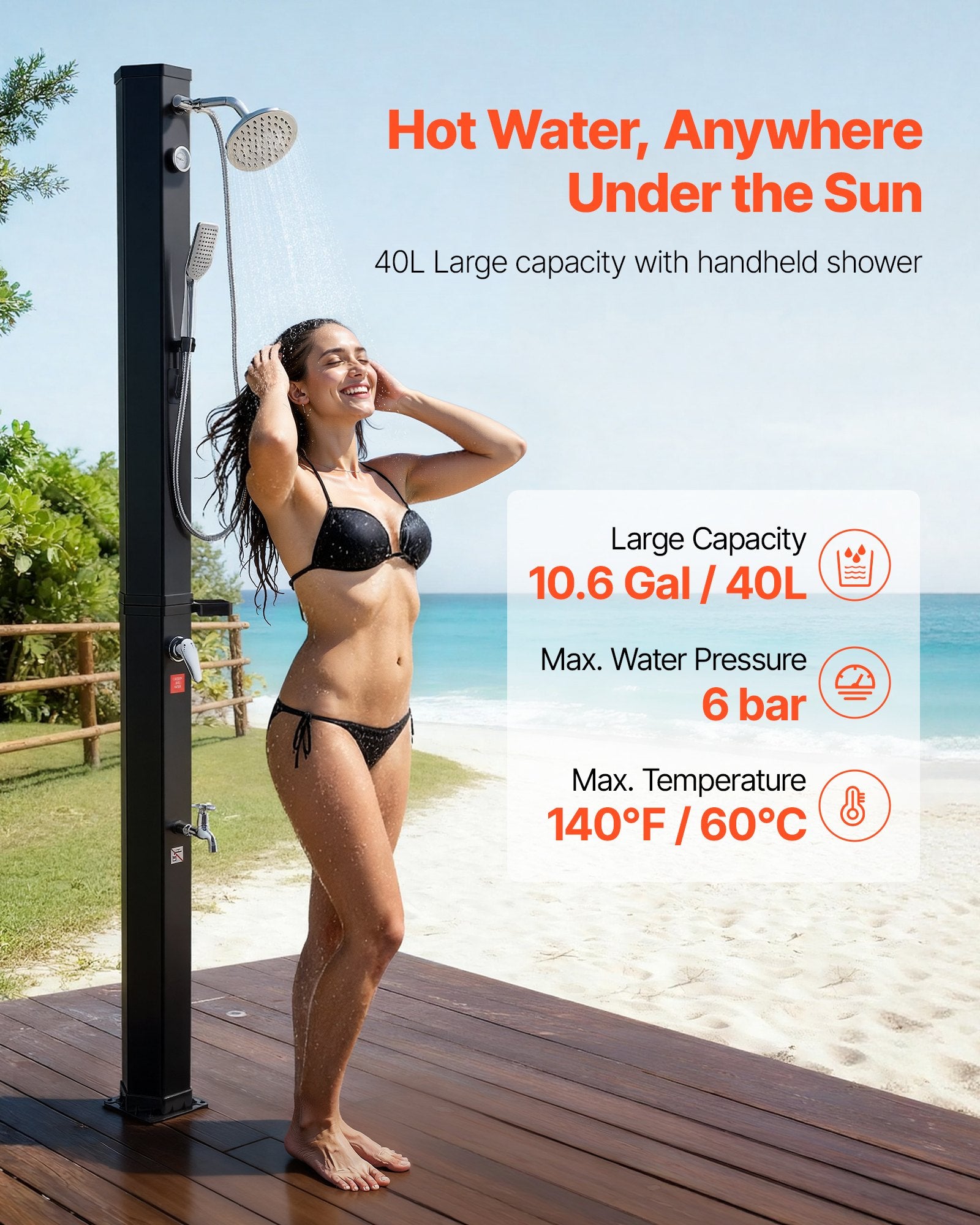 VEVOR 40L Solar Heated Shower, 205cm Showerhead Height Outdoor Shower, with Handheld & Foot Faucet, Hot & Cold Water Adjustment, Freestanding for Backyard Poolside Beach Pool, Black