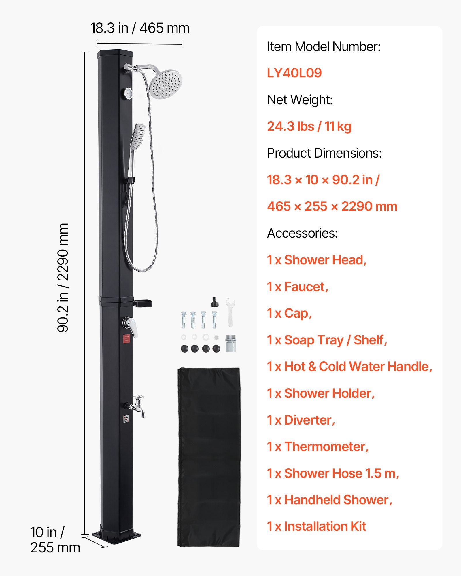VEVOR 40L Solar Heated Shower, 205cm Showerhead Height Outdoor Shower, with Handheld & Foot Faucet, Hot & Cold Water Adjustment, Freestanding for Backyard Poolside Beach Pool, Black