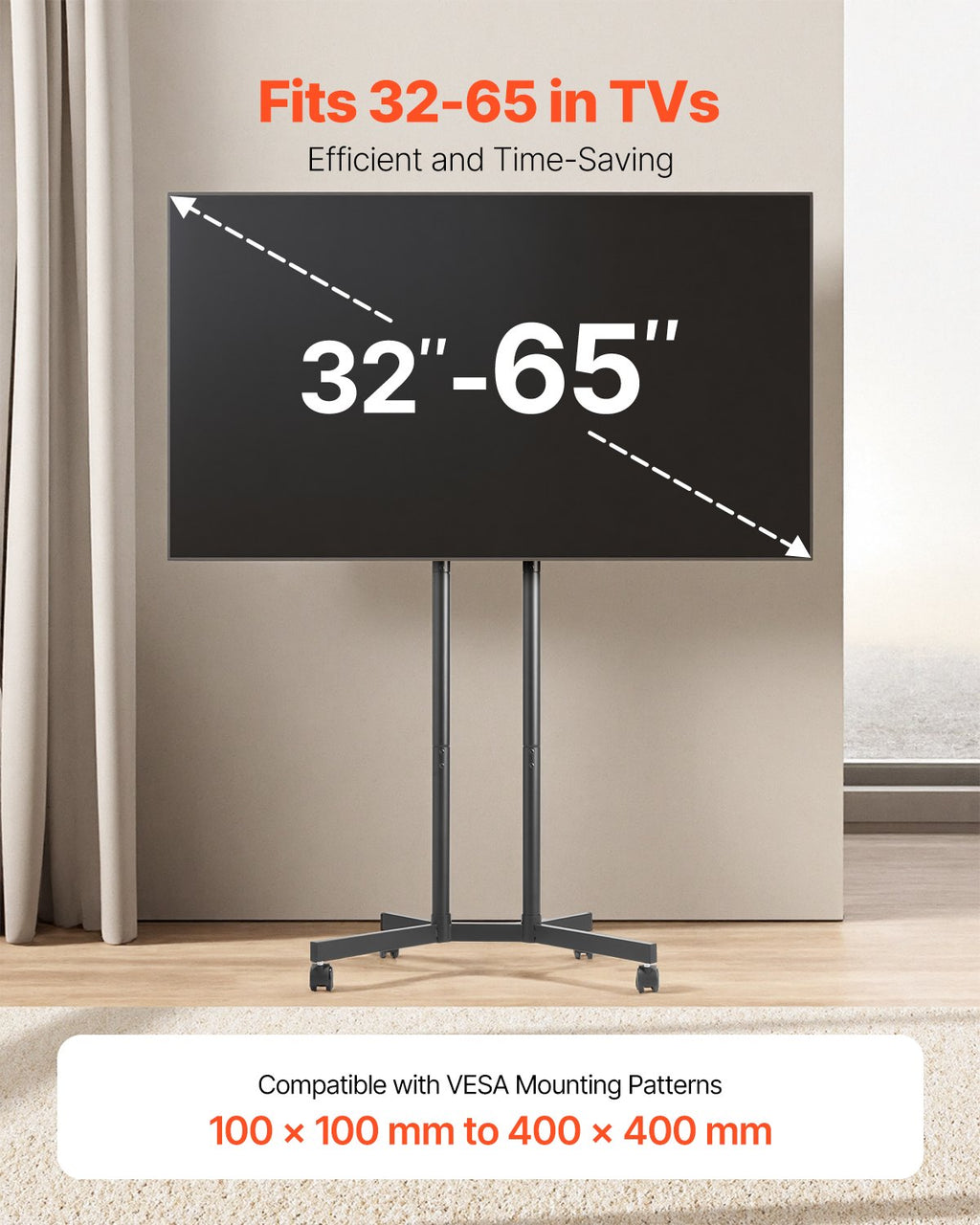 VEVOR Rolling TV Stand, Mobile TV Cart for 32-65 Inch Screens, Height Adjustable, Portable Monitor Stand with Wheels Holds up to 40 kg for Living Room, Bedroom, Office, Outdoor, Max VESA 400x400mm