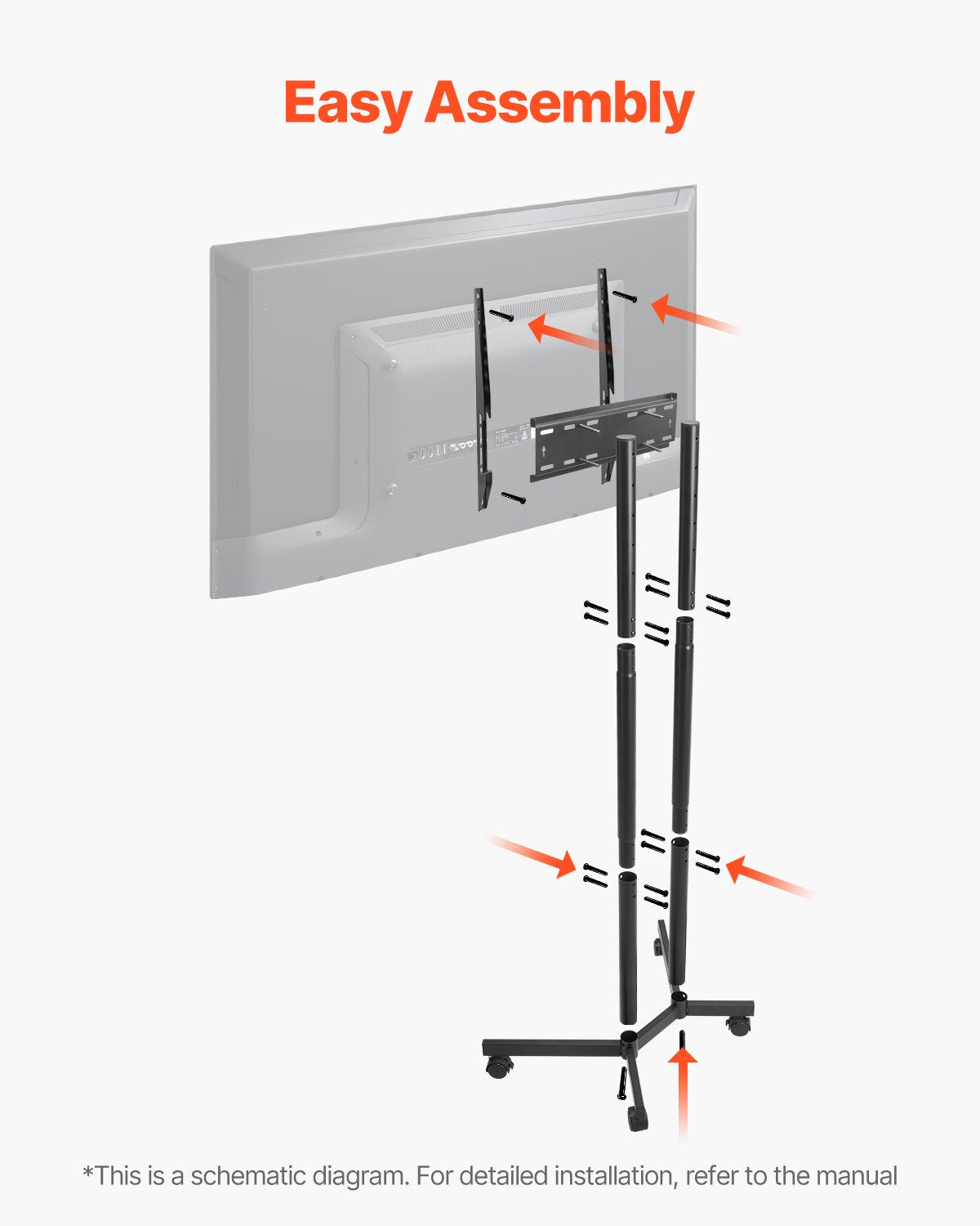 VEVOR Rolling TV Stand, Mobile TV Cart for 32-65 Inch Screens, Height Adjustable, Portable Monitor Stand with Wheels Holds up to 40 kg for Living Room, Bedroom, Office, Outdoor, Max VESA 400x400mm