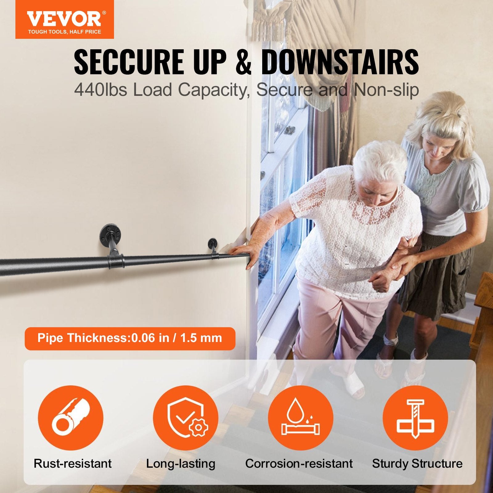 VEVOR Pipe Stair Handrail, 3m Staircase Handrail, 200KG Load Capacity Carbon Steel Pipe Handrail, Industrial Pipe Handrail with Wall Mount Support, Round Corner Wall Handrailing for Indoor, Outdoor