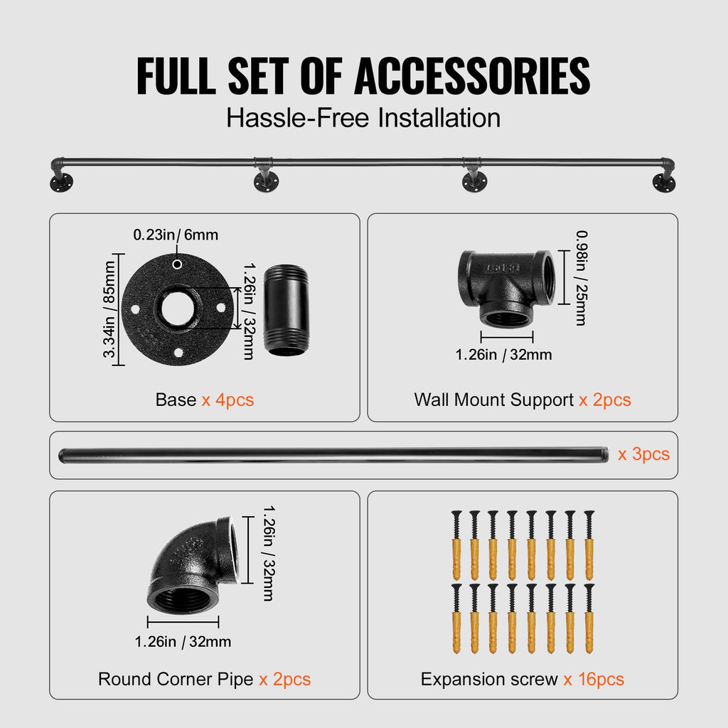 VEVOR Pipe Stair Handrail, 3m Staircase Handrail, 200KG Load Capacity Carbon Steel Pipe Handrail, Industrial Pipe Handrail with Wall Mount Support, Round Corner Wall Handrailing for Indoor, Outdoor