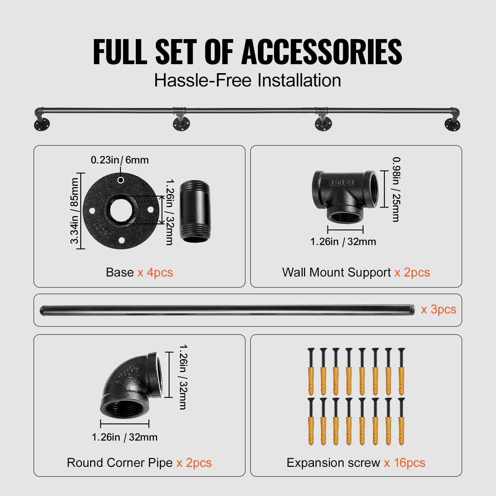 VEVOR Pipe Stair Handrail, 3m Staircase Handrail, 200KG Load Capacity Carbon Steel Pipe Handrail, Industrial Pipe Handrail with Wall Mount Support, Round Corner Wall Handrailing for Indoor, Outdoor