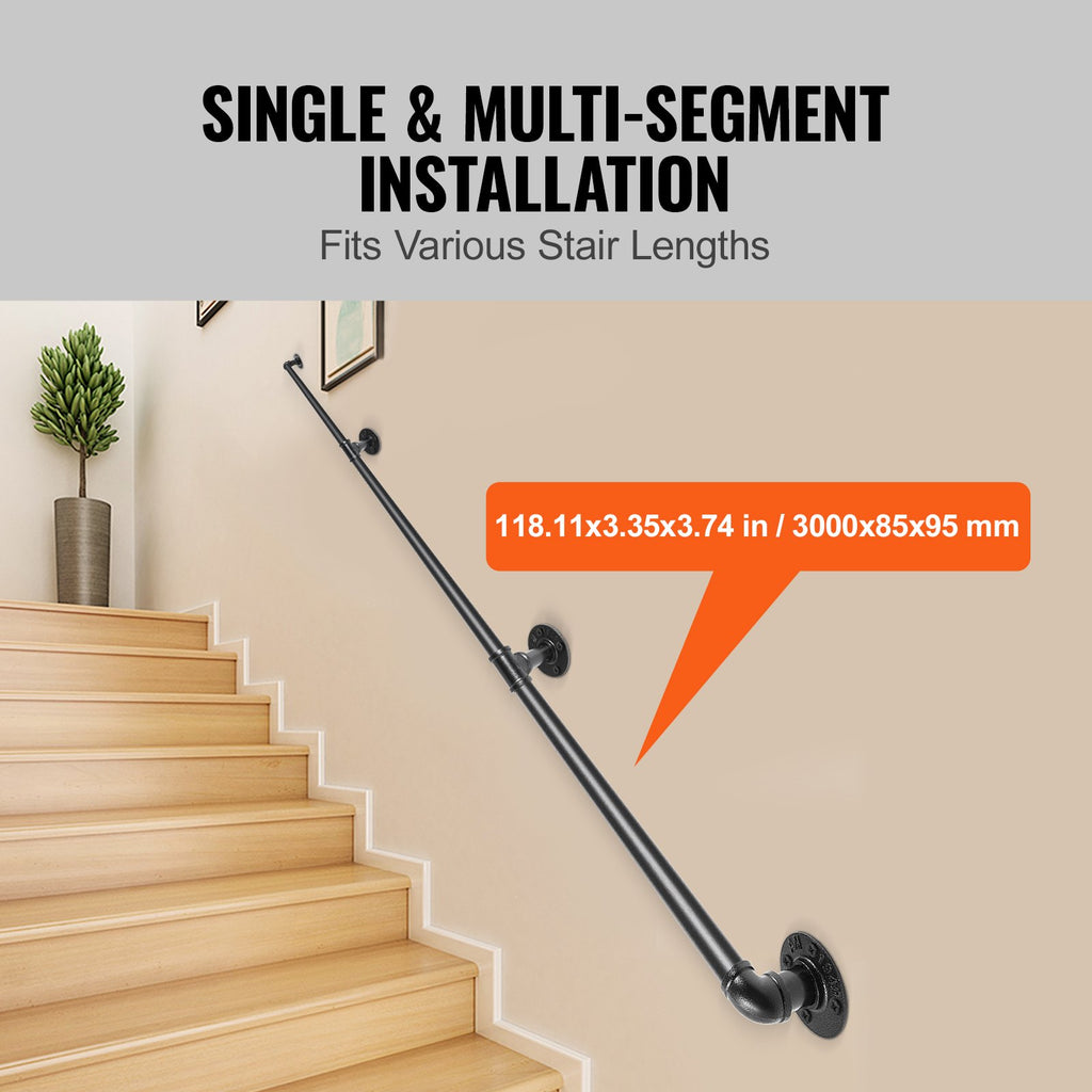 VEVOR Pipe Stair Handrail, 3m Staircase Handrail, 200KG Load Capacity Carbon Steel Pipe Handrail, Industrial Pipe Handrail with Wall Mount Support, Round Corner Wall Handrailing for Indoor, Outdoor