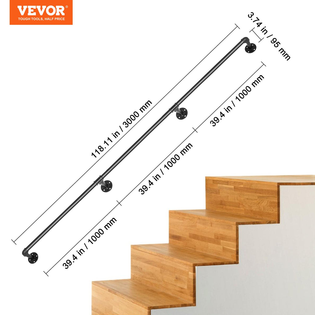 VEVOR Pipe Stair Handrail, 3m Staircase Handrail, 200KG Load Capacity Carbon Steel Pipe Handrail, Industrial Pipe Handrail with Wall Mount Support, Round Corner Wall Handrailing for Indoor, Outdoor