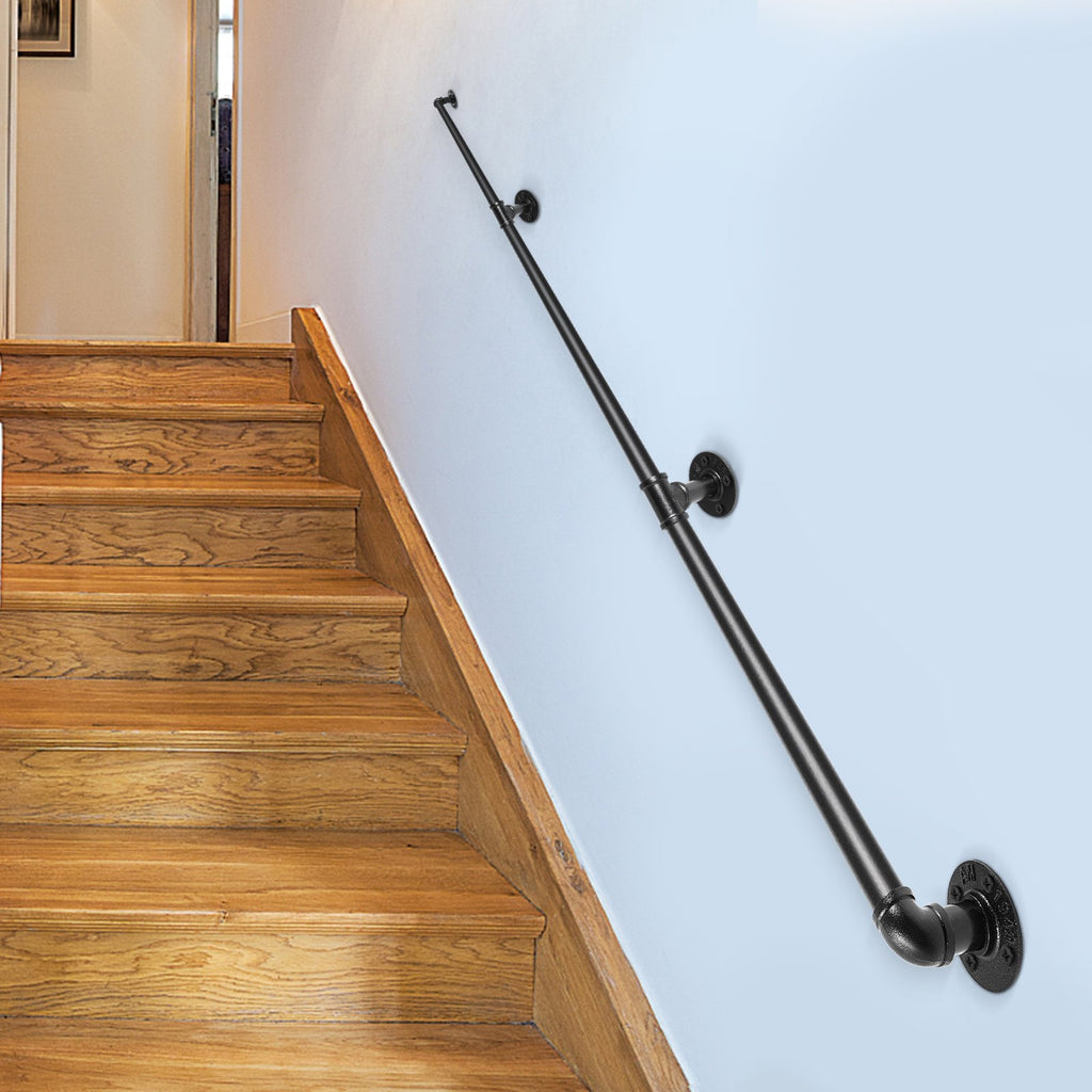 VEVOR Pipe Stair Handrail, 3m Staircase Handrail, 200KG Load Capacity Carbon Steel Pipe Handrail, Industrial Pipe Handrail with Wall Mount Support, Round Corner Wall Handrailing for Indoor, Outdoor