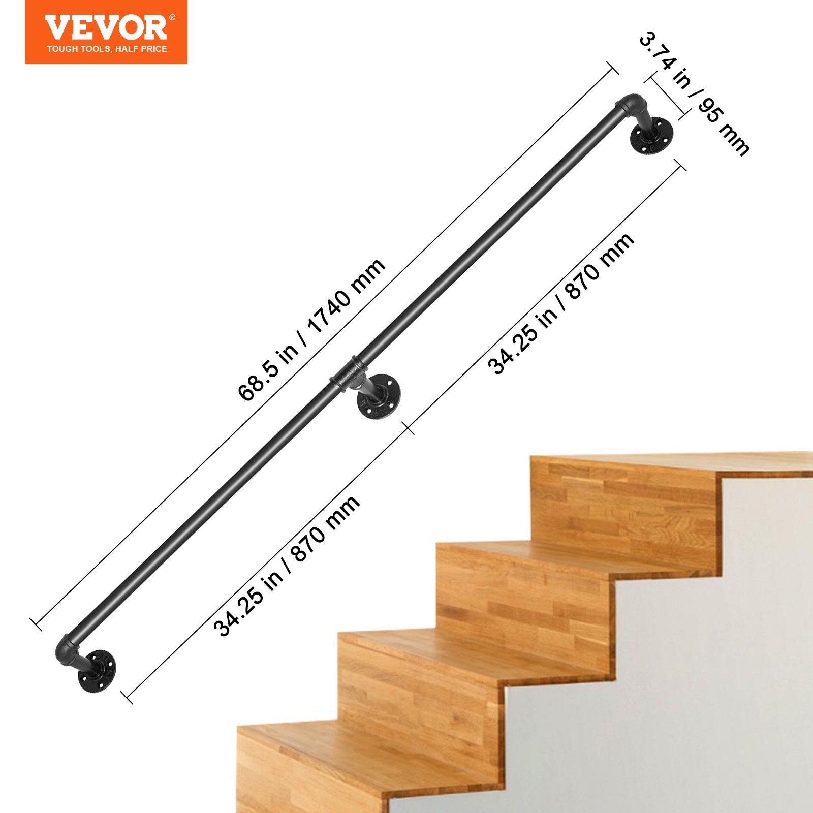 VEVOR Pipe Stair Handrail, 1.8m Staircase Handrail, 200KG Load Capacity Carbon Steel Pipe Handrail, Industrial Pipe Handrail with Wall Mount Support, Round Corner Wall Handrailings for Indoor, Outdoor