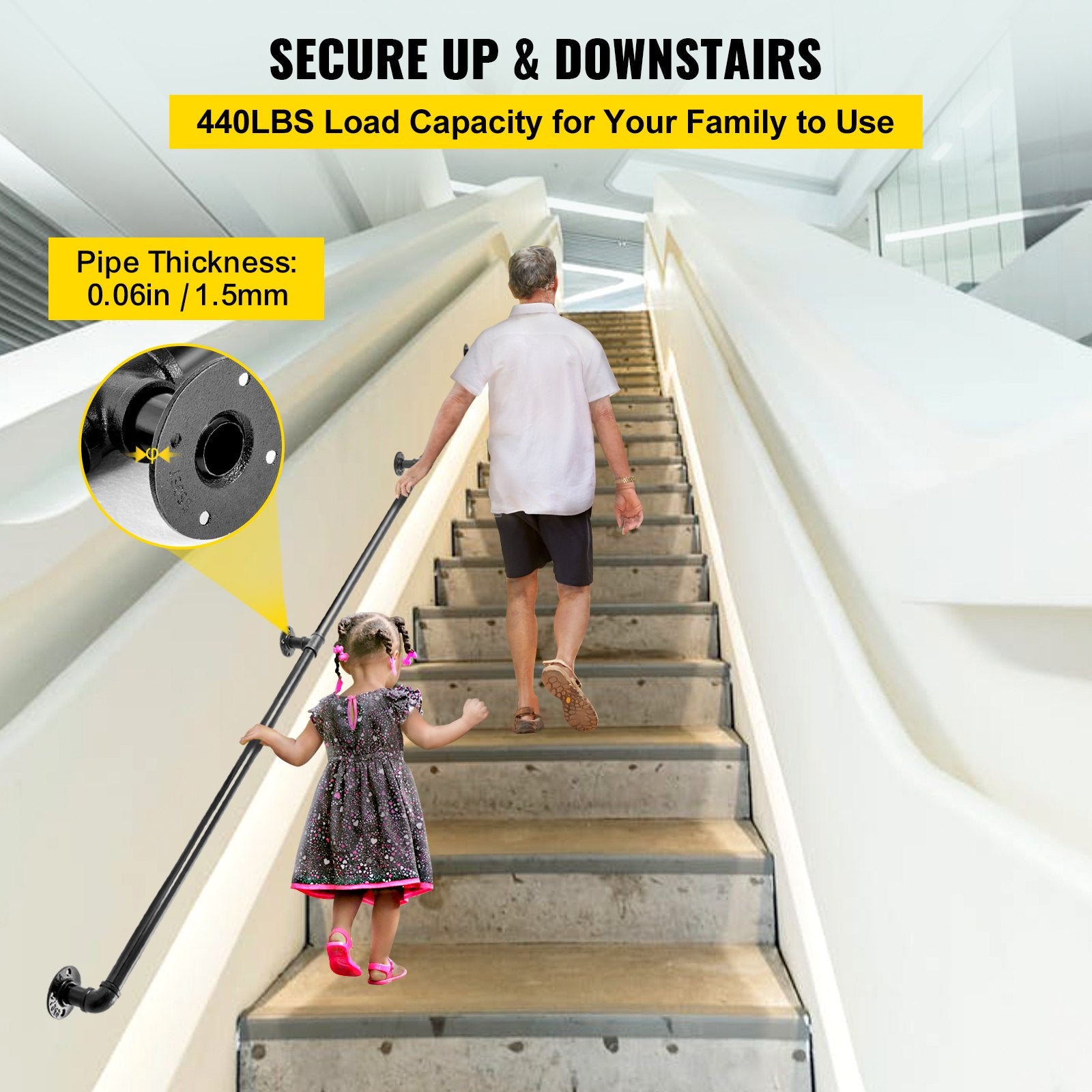 VEVOR Pipe Stair Handrail, 9FT Staircase Handrail, 440LBS Load Capacity Carbon Steel Pipe Handrail, Industrial Pipe Handrail with Wall Mount Support, Round Corner Wall Handrailings for Indoor, Outdoor