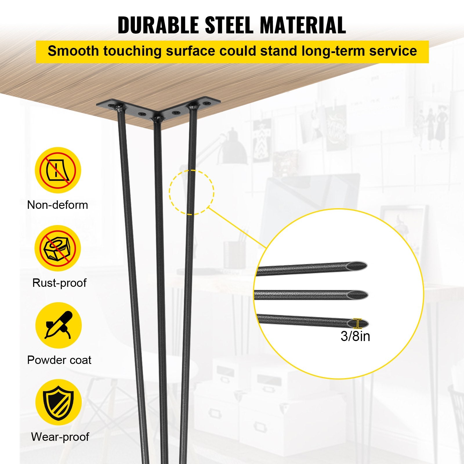VEVOR Hairpin Table Legs 16 inch, Set of 4 DIY Desk Table Legs 3 Rods Heavy Duty