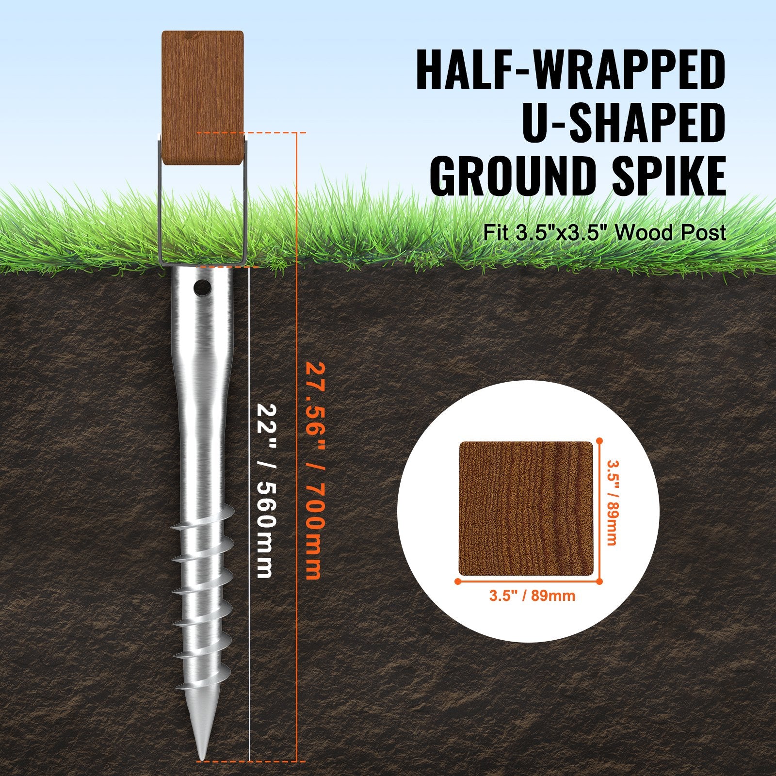 VEVOR No Dig Ground Anchor, 1 Pack 10 x 7 x 70 cm DIY Screw in Post Stake, Includes 6 Lag Bolts & a Rebar, U-Shape Heavy Duty Steel Post Holder, Great for Mailbox Posts and Fence Posts