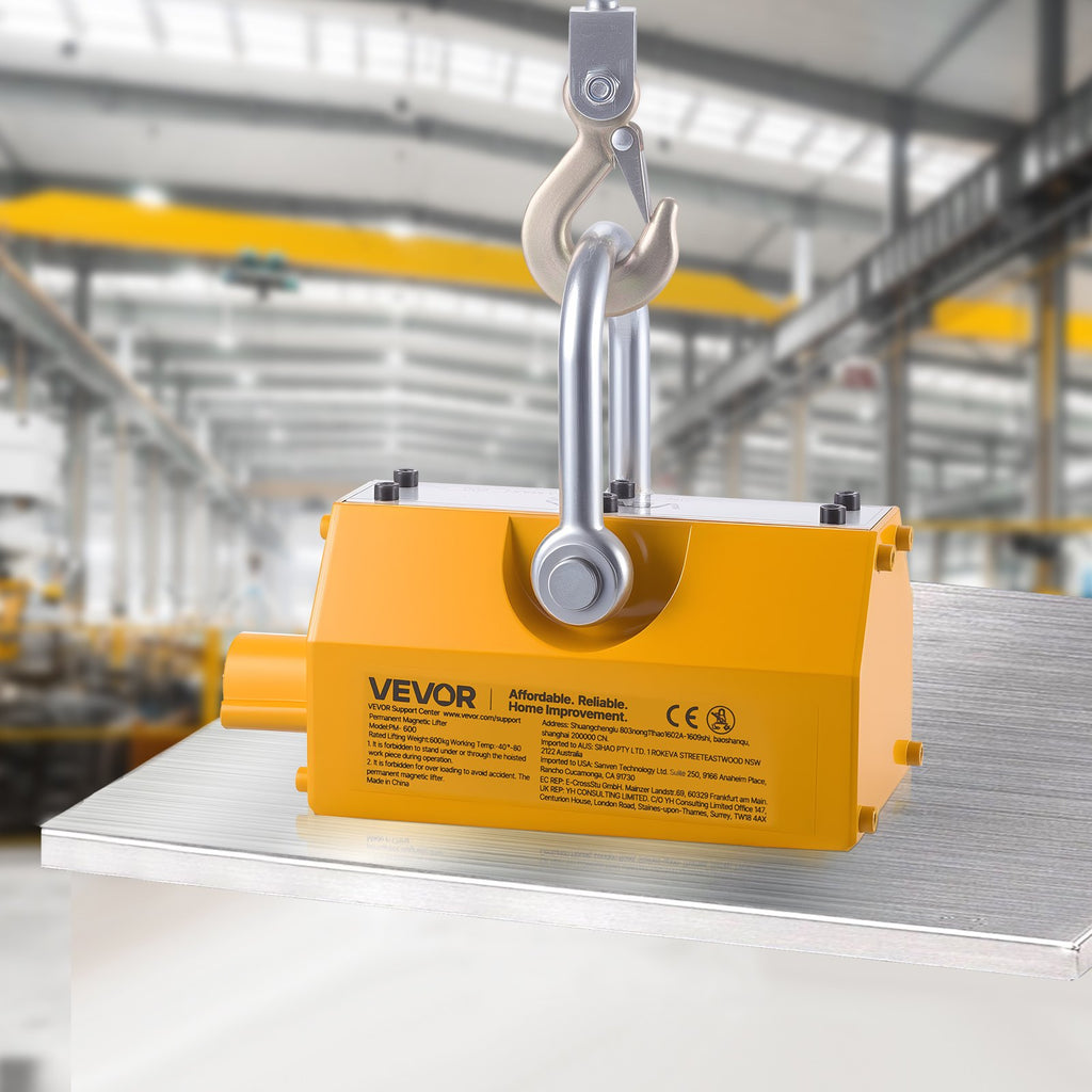 VEVOR Permanent Magnetic Lifter, 600 kg Pulling Capacity, Heavy Duty N42 Neodymium Lifting Magnet with Release Handle and Steel Hook, Used in Shop Crane and Hoist, for Lifting Plate Steel, Board