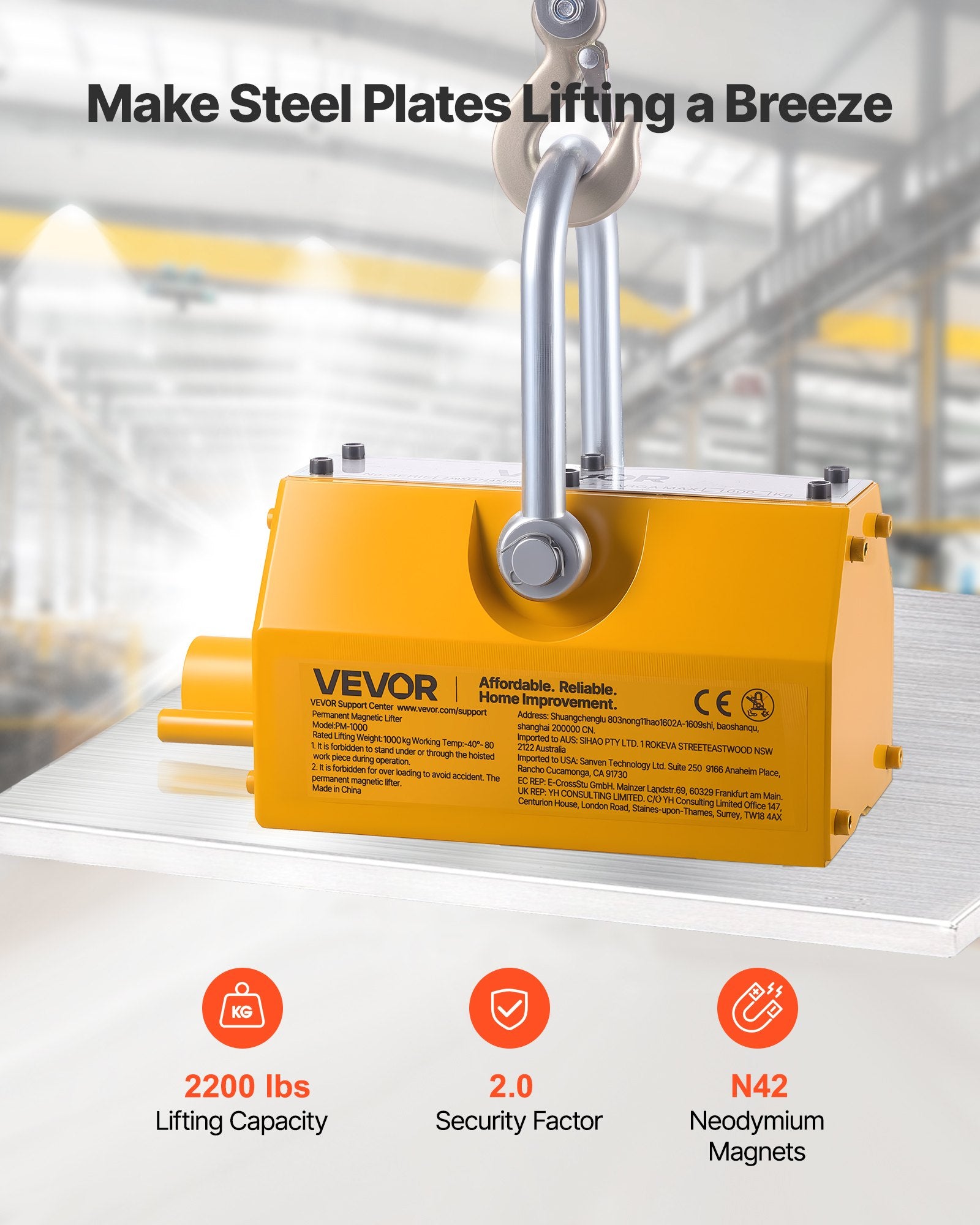 VEVOR Permanent Magnetic Lifter, 1000 kg Pulling Capacity, Heavy Duty N42 Neodymium Lifting Magnet with Release Handle and Steel Hook, Used in Shop Crane and Hoist, for Lifting Plate Steel, Board