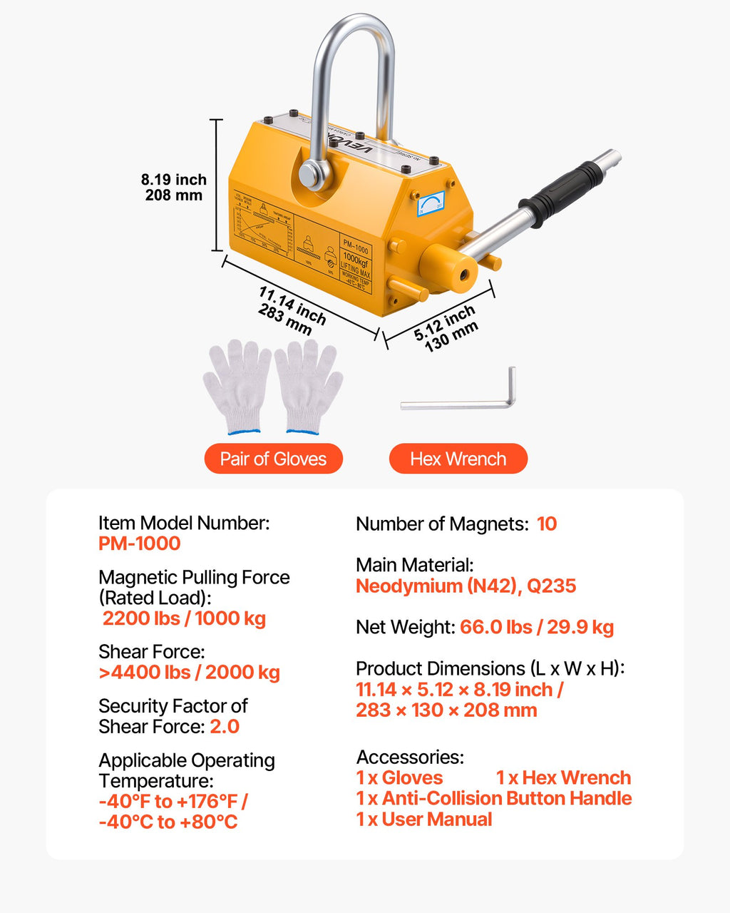 VEVOR Permanent Magnetic Lifter, 1000 kg Pulling Capacity, Heavy Duty N42 Neodymium Lifting Magnet with Release Handle and Steel Hook, Used in Shop Crane and Hoist, for Lifting Plate Steel, Board