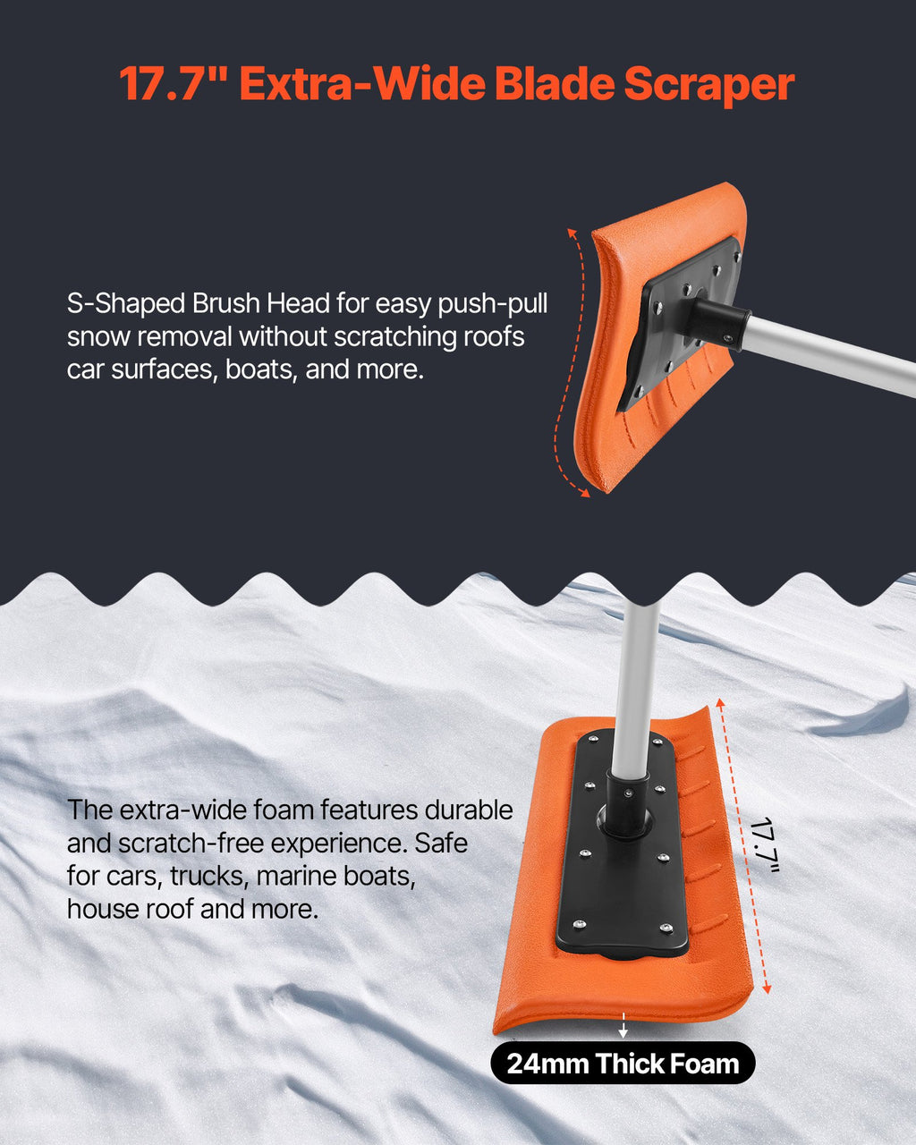 VEVOR Snow Roof Rake, 45cm Foam Blade, 2.25-5.62 m Adjustable Roof Snow Scraper, Extension Tubes & Non-Slip Handle, Lightweight Snows Removal Tool for House Leaves Debris Clearing