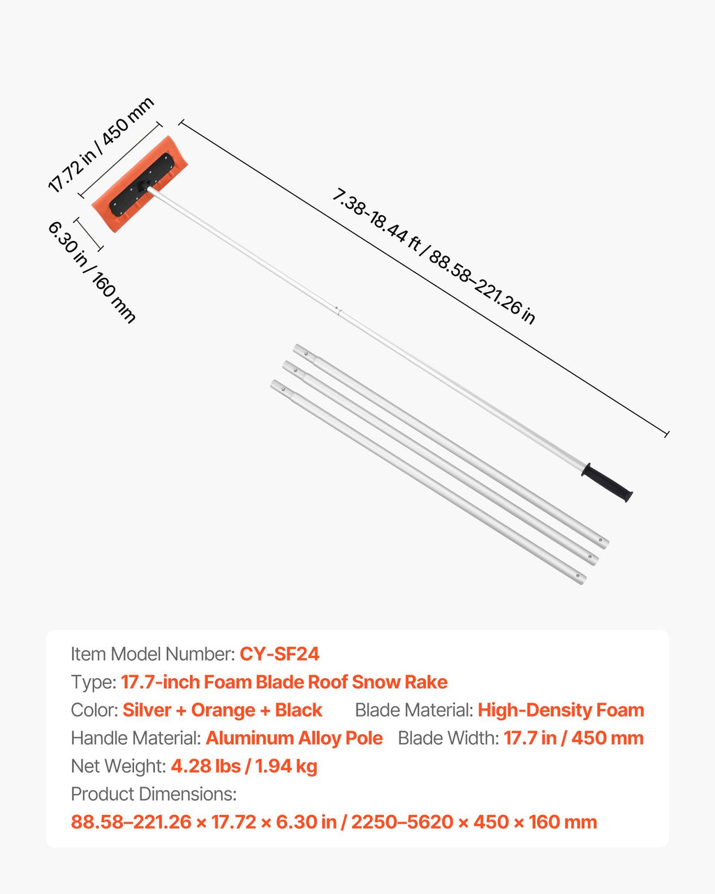 VEVOR Snow Roof Rake, 45cm Foam Blade, 2.25-5.62 m Adjustable Roof Snow Scraper, Extension Tubes & Non-Slip Handle, Lightweight Snows Removal Tool for House Leaves Debris Clearing