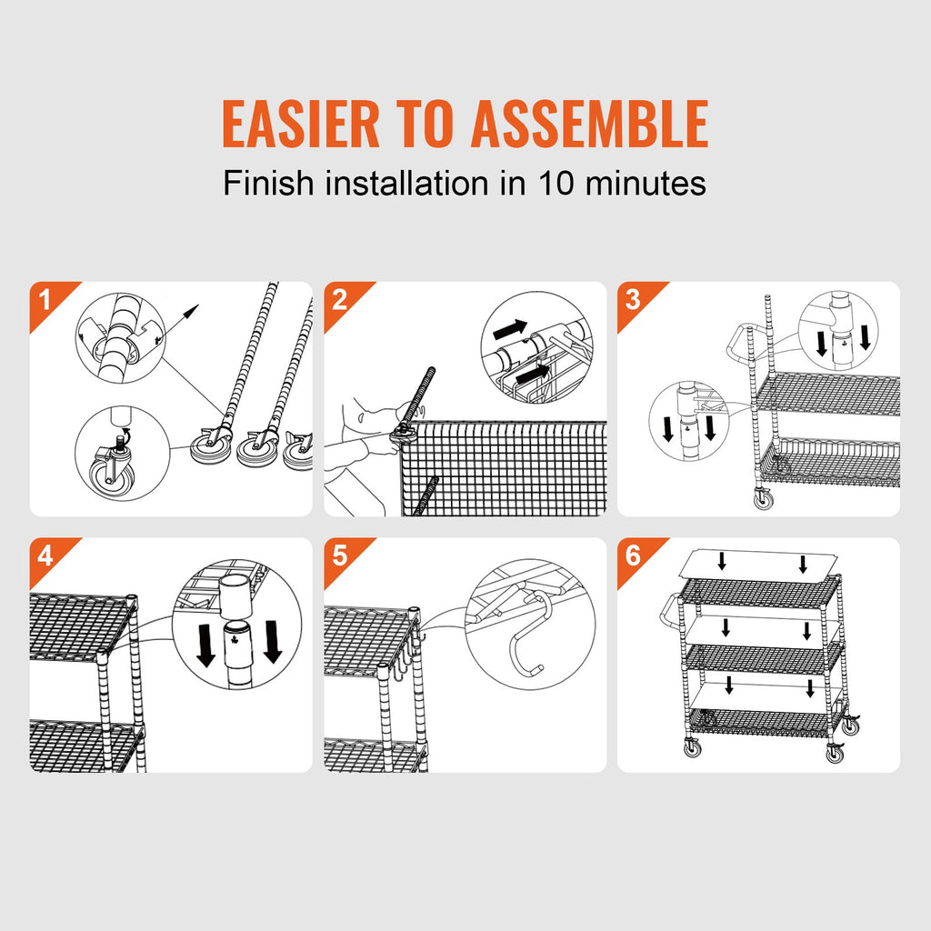 VEVOR Kitchen Utility Cart, 3 Tiers, Wire Rolling Cart, Steel Service Cart on Wheels, Metal Storage Trolley with 80mm Basket Curved Handle PP Liner 6 Hooks, for Indoor and Outdoor