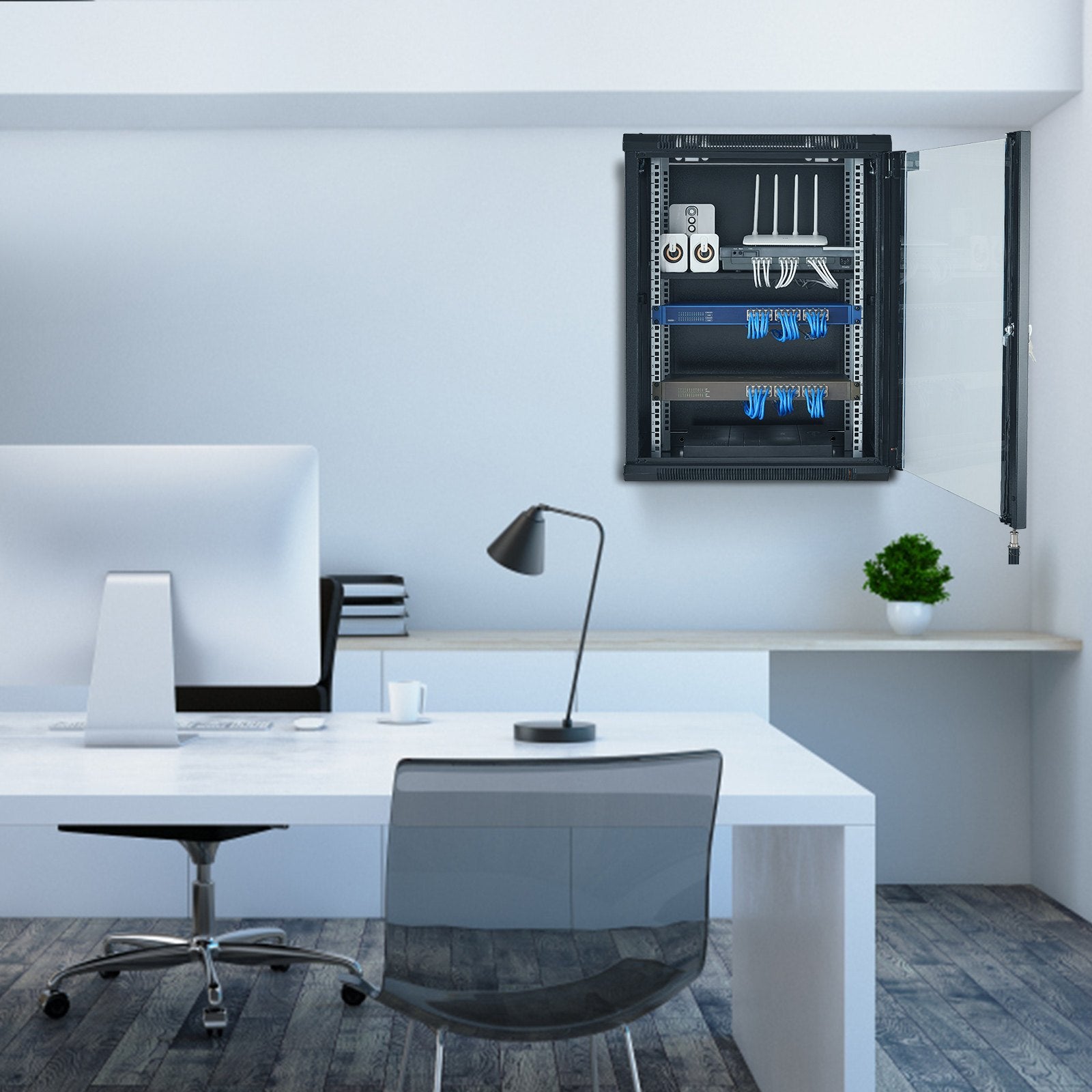 VEVOR 15U Wall Mount Network Cabinet, 226.8 kg Max. Ground Load Capacity, Server Rack Cabinet Enclosure with Locking Tempered Glass Door, Side Panels, Q235 Carbon Steel, for IT Equipment, A/V Devices