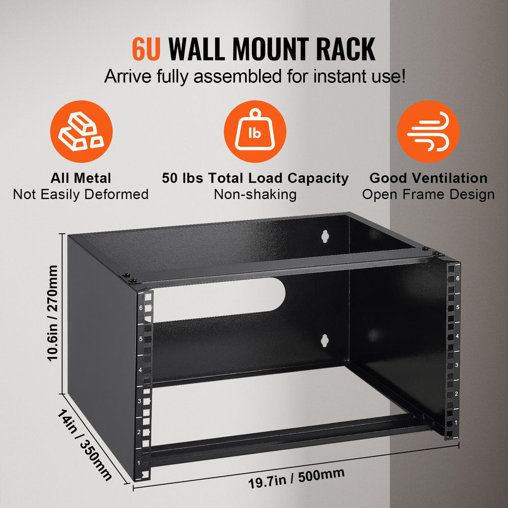 VEVOR 6U Wall Mount Network Rack, 14 in/355.6 mm Depth, 50 lbs/22.68 kg Max Weight Capacity Wall Mount Server Rack with Cage Nuts, 19"/482.6 mm for Shallow Server IT Equipment and Network Switches