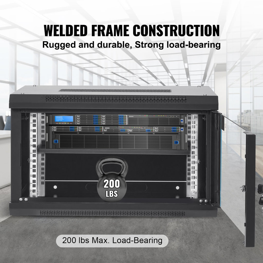 VEVOR 6U Wall Mount Network Server Cabinet, 15.5'' Deep, Server Rack Cabinet Enclosure, 200 lbs Max. Ground-mounted Load Capacity, with Locking Glass Door Side Panels, for IT Equipment, A/V Devices