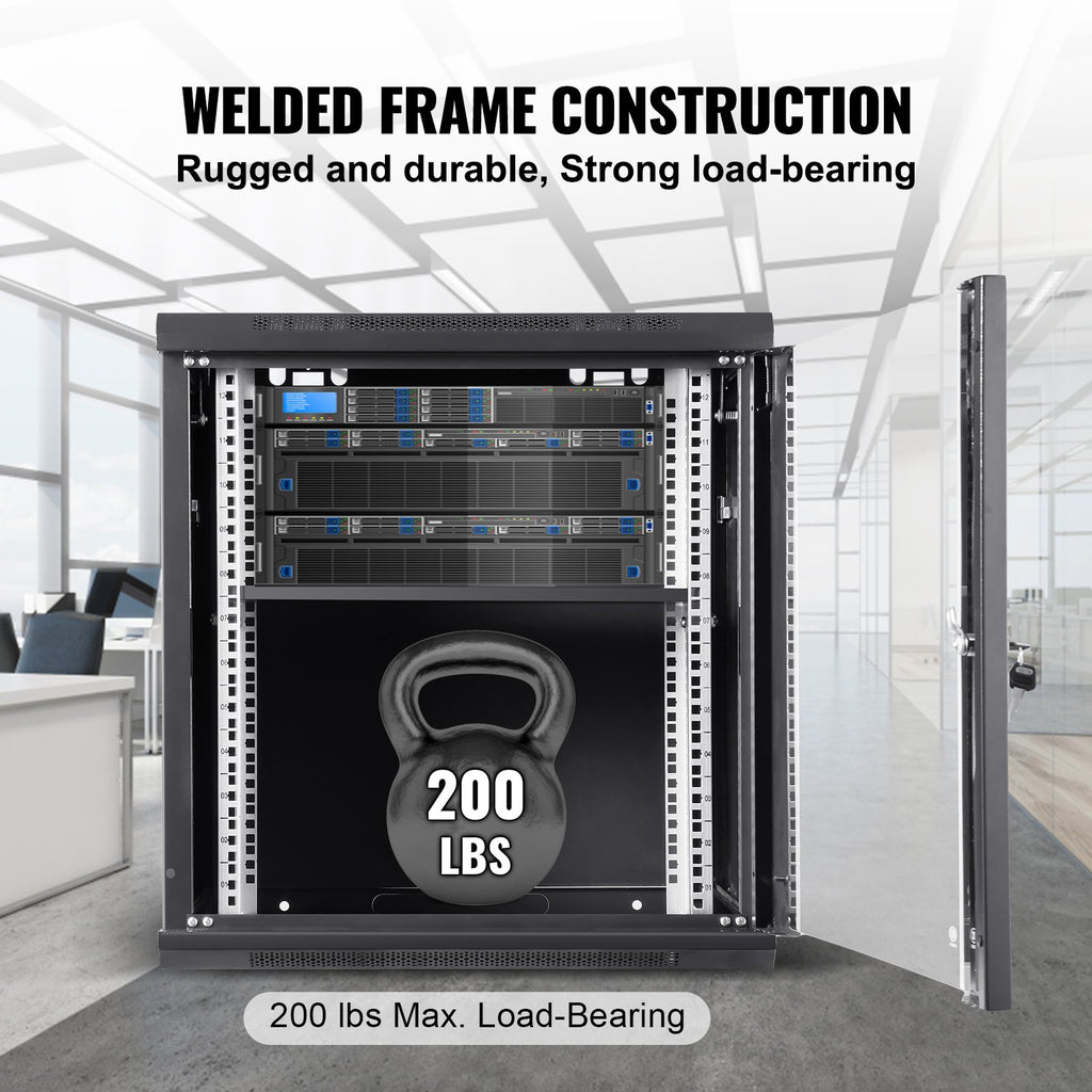 VEVOR 9U Wall Mount Network Server Cabinet, 39.37 cm Deep, Server Rack Cabinet Enclosure, 90.7 kg Max. Ground-mounted Load Capacity, with Locking Glass Door Side Panels, for IT Equipment, A/V Devices