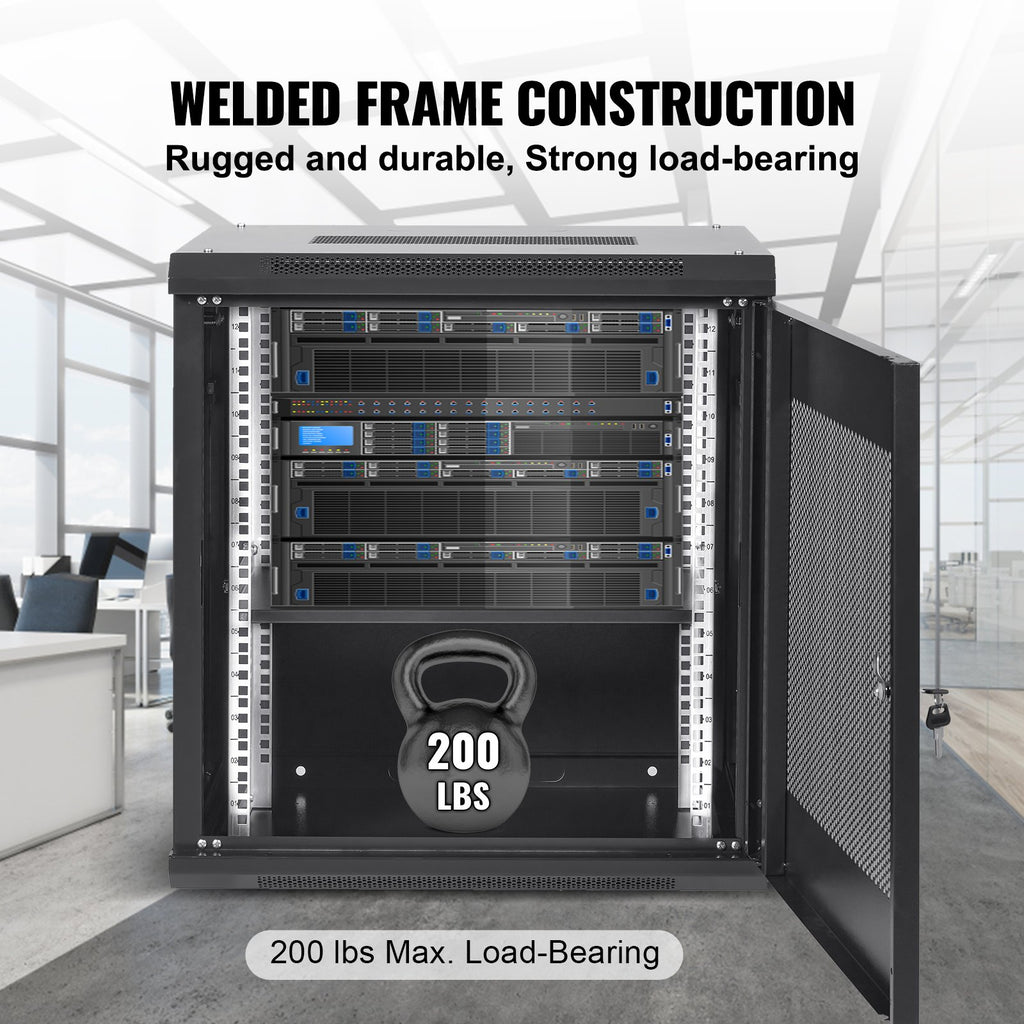 VEVOR 12U Wall Mount Network Server Cabinet, 15.5'' Deep, Server Rack Cabinet Enclosure, 200 lbs Max. Ground-mounted Load Capacity, with Locking Door Side Panels, for IT Equipment, A/V Devices