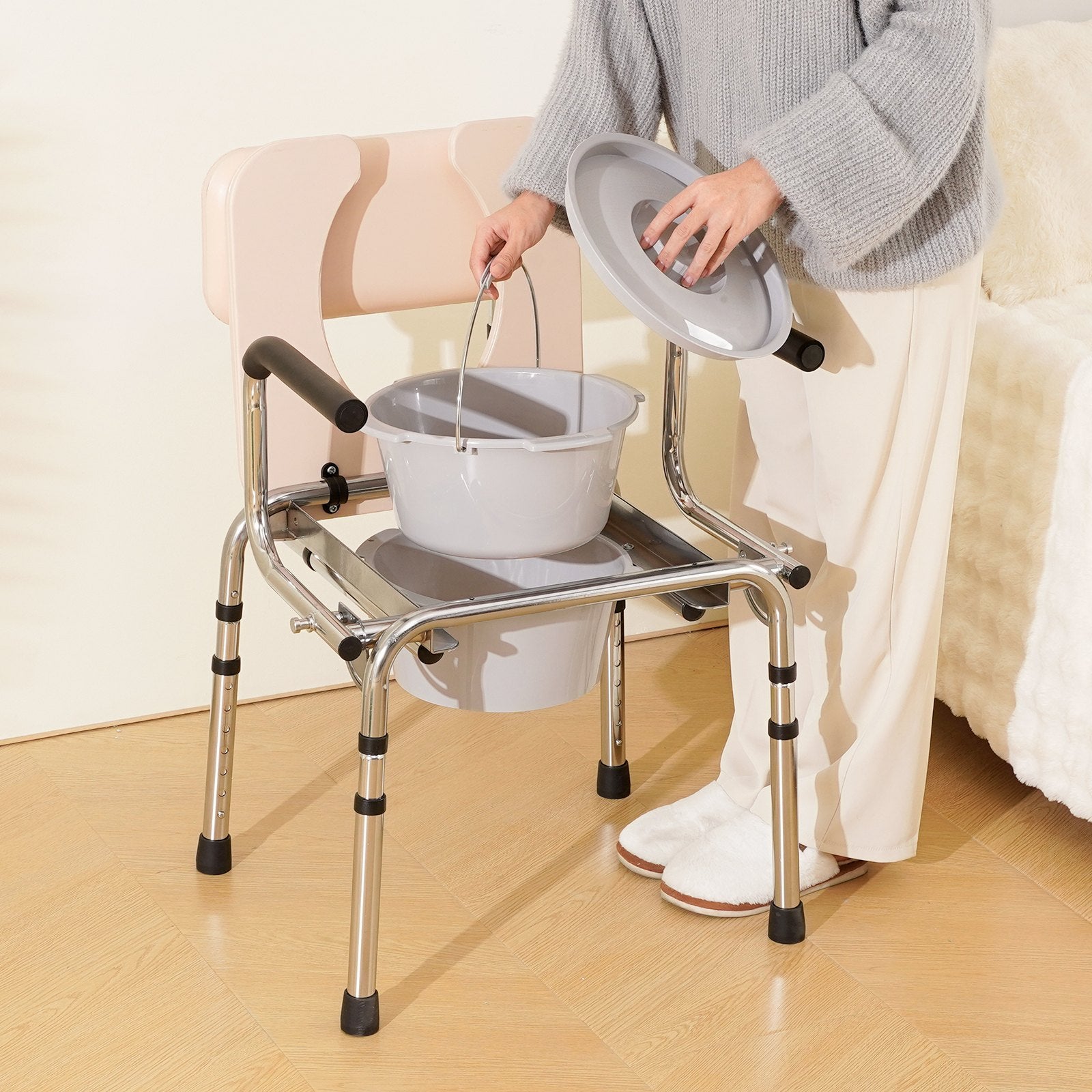 VEVOR Commode Chair, Bedside Commode with Padded Seat, Drop-Down Arms, 7-Level Adjustable Height, 5.8L Removable Bucket, Easy to Assemble, 350LBS Capacity, Portable Toilet for Adults Seniors