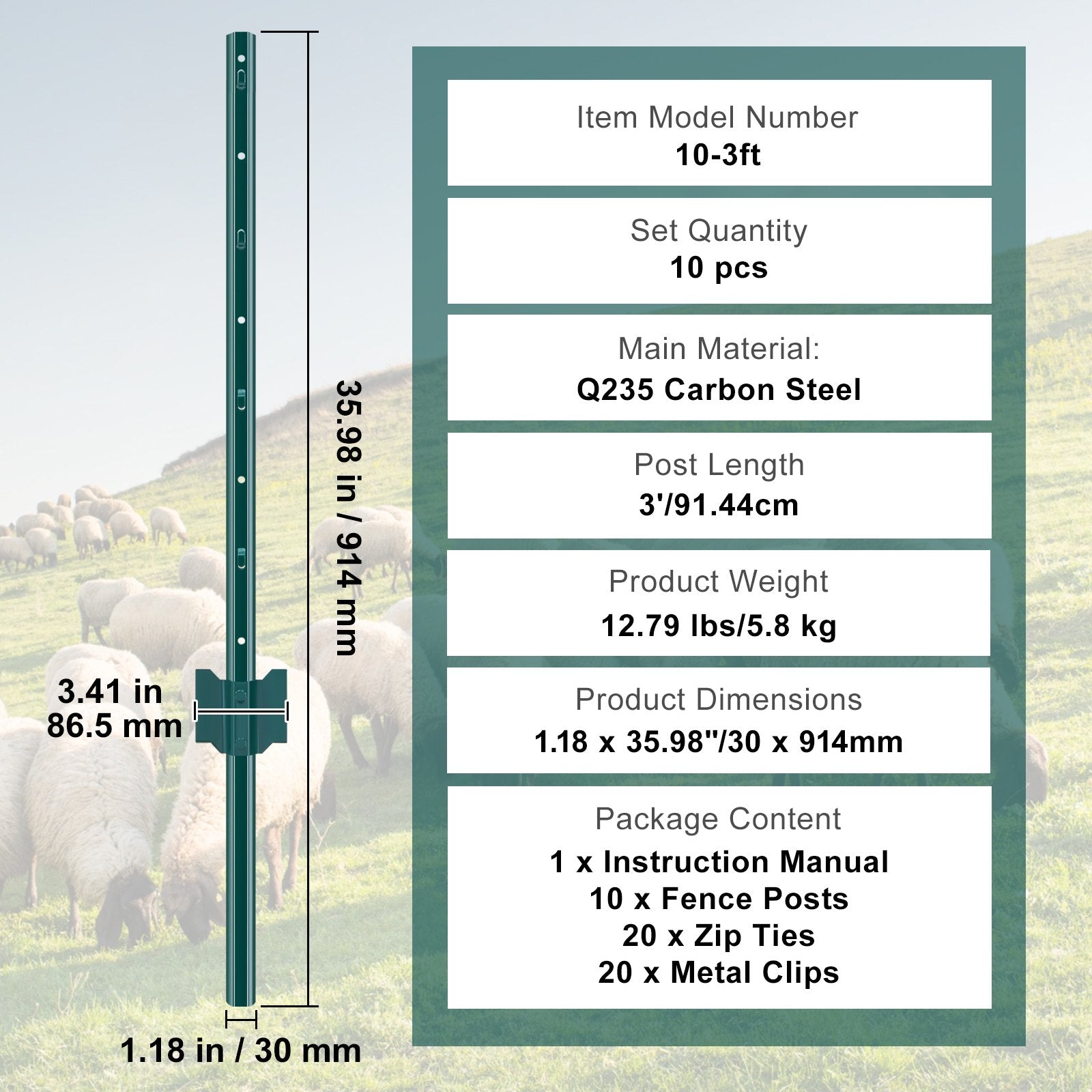 VEVOR 3 Feet Fence Post, 10 Pack U-Channel Heavy Duty Metal Fence Posts, Sturdy Steel Fence Stakes for Garden Yard, Lawn, Farms and Outdoor Wire Fencing, Green