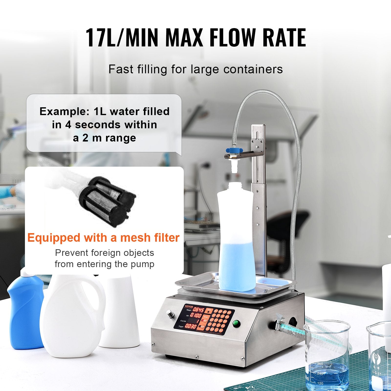 VEVOR Liquid Filling Machine, 30-15000 g Weighing Capacity, Automatic Bottle Filler Machine Bottling Machine Digital Control for Milk, Water, Oil, Wine, Beverage, Detergent, Shampoo (Single Nozzle)