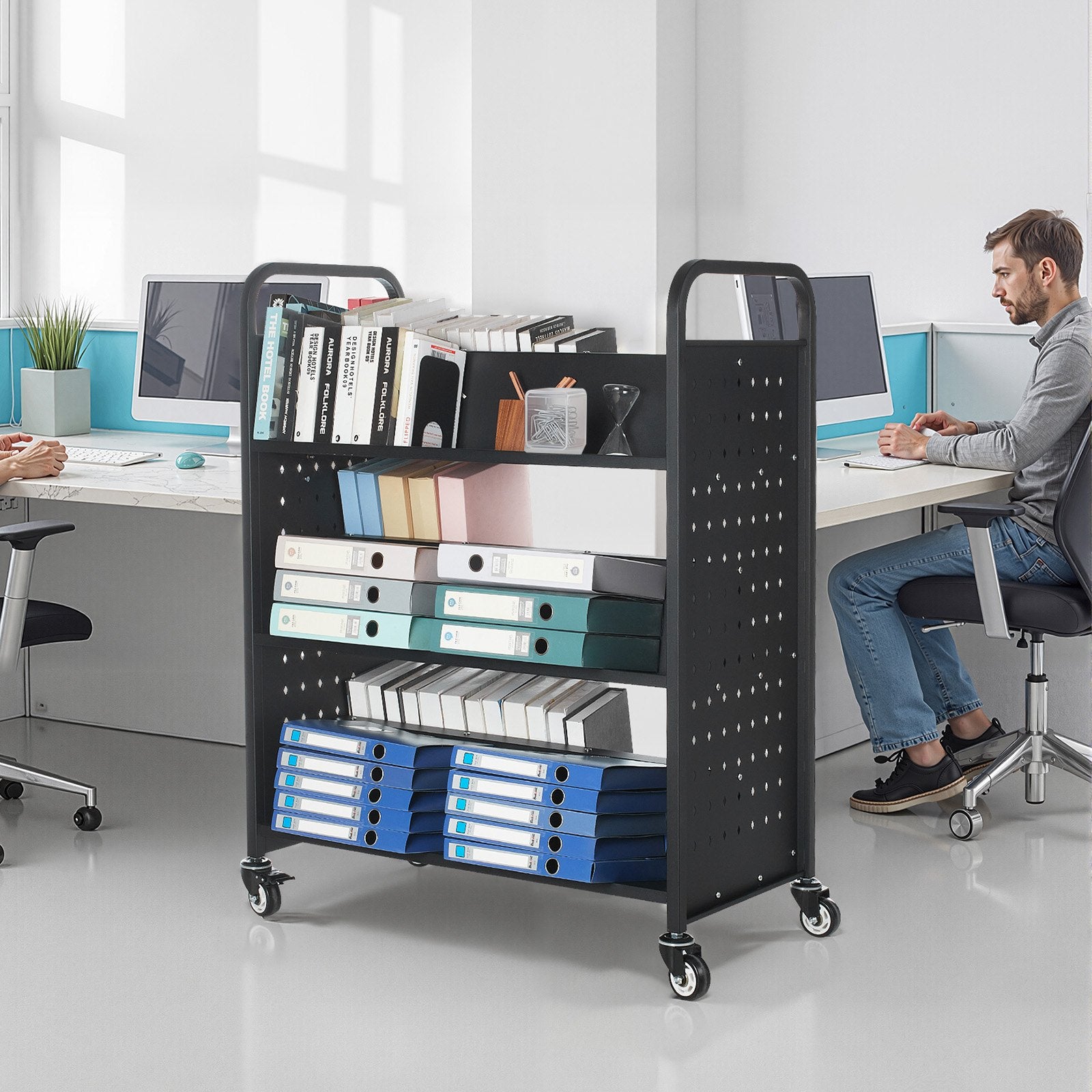 VEVOR Rolling Library Book Cart, 150 kg Capacity, 97 x 51.5 x 122.5 cm Library Cart, Double Sided W-Shaped Shelves with 76.2 mm Lockable Wheels, Book Truck for Home Shelves Office and School, Black
